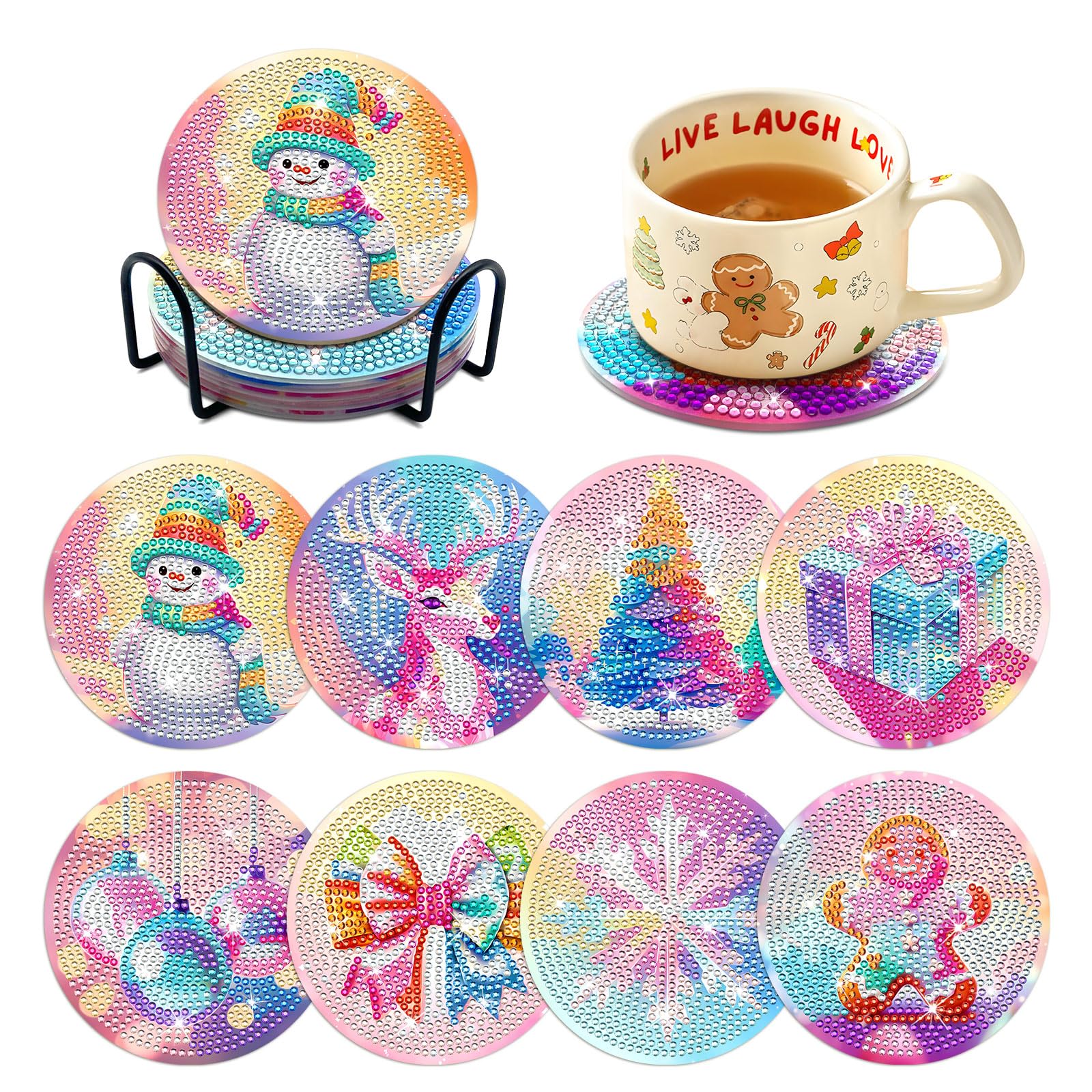 ZTOTZ Diamond Art Coasters Kits with Holder,8pcs Christmas Snowman Diamond Painting Coasters,DIY Festival Diamond Art Coasters Craft for Adult Beginner for Christmas Holidays Gift(Elk Deer,Snowflake)