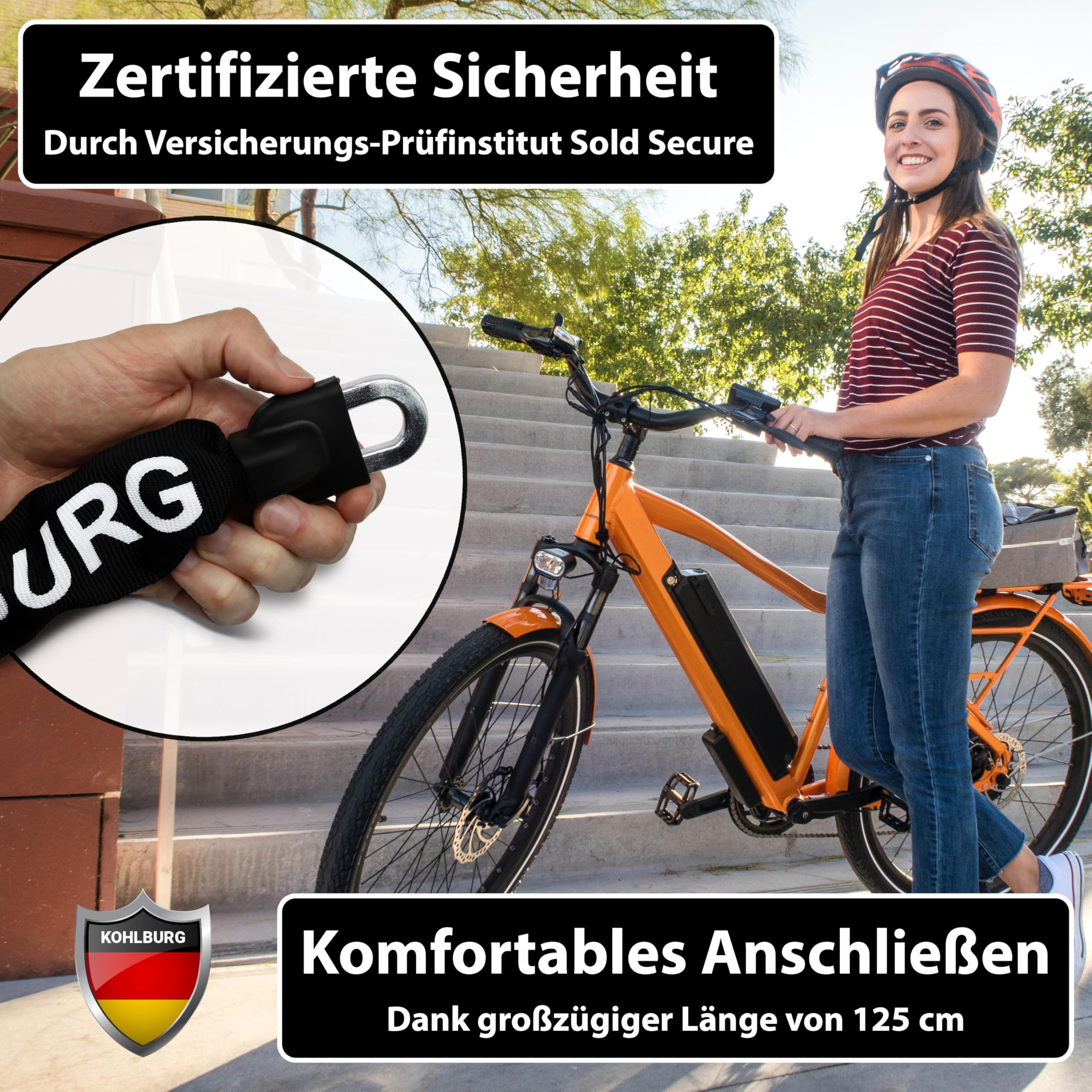 KOHLBURG Sicherheits- Kettenschloss - Schloss 125cm lang mit 8,3mm starker 4-Kantkette aus gehärtetem Spezialstahl - sicheres Fahrradschloss mit 4 Schlüssel für E-Bike Fahrrad & Motorrad