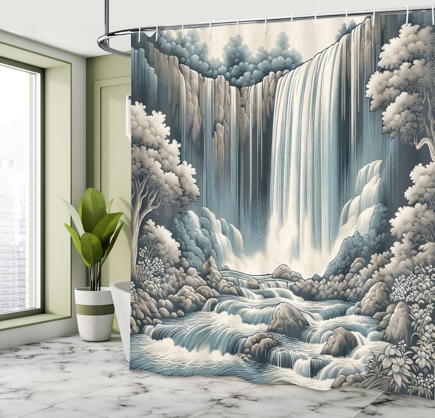 Ambesonne Landscape Shower Curtain, Expressive Nature Scene with Waterfall Forest Trees in Vintage Concept, Cloth Fabric Bathroom Decor Set with Hooks, 69" W x 84" L, Blue Grey Pale Sepia