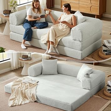 Boneless Couch Versatile Couches for Living Room No-Install Sofa Bed Corduroy Futon Soft Cloud Couch with Pillows for Bedroom Game Movie Light Grey, 76"