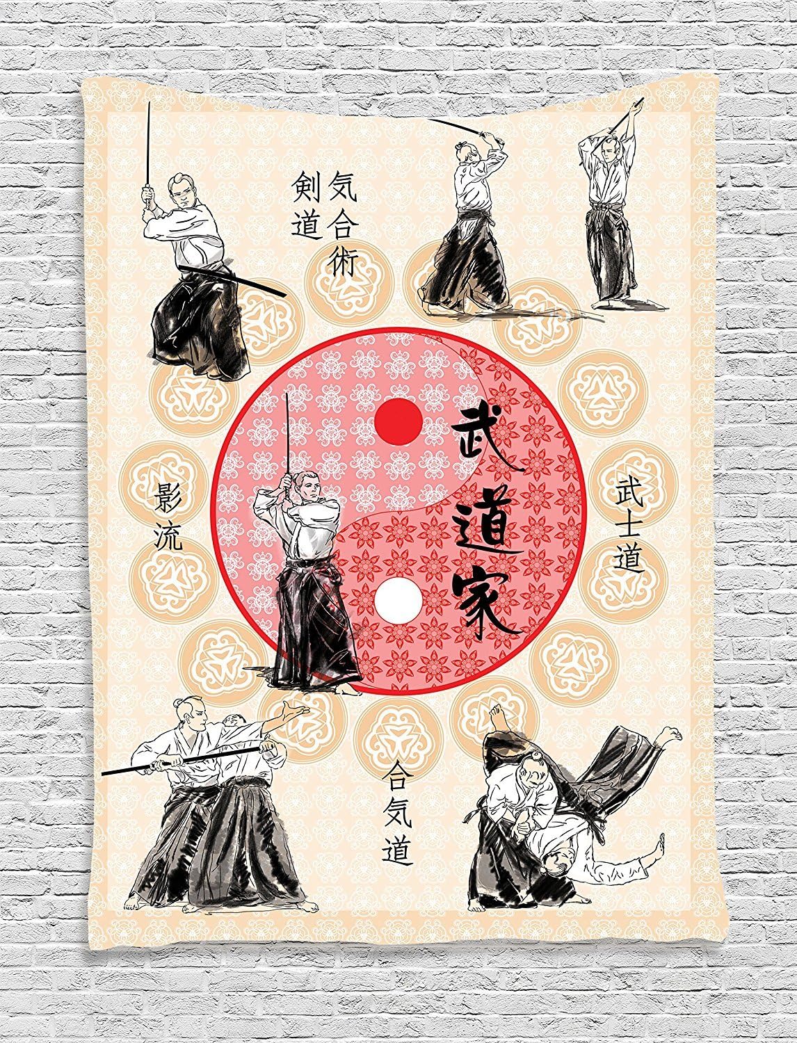 jjonepin Home Decor Collection, Japanese Culture Decor Ying Yang Mandala Print Samurai Figures Far Eastern Sports Theme, Bedroom Living Room Dorm Wall Hanging Tapestry, Ecru Red