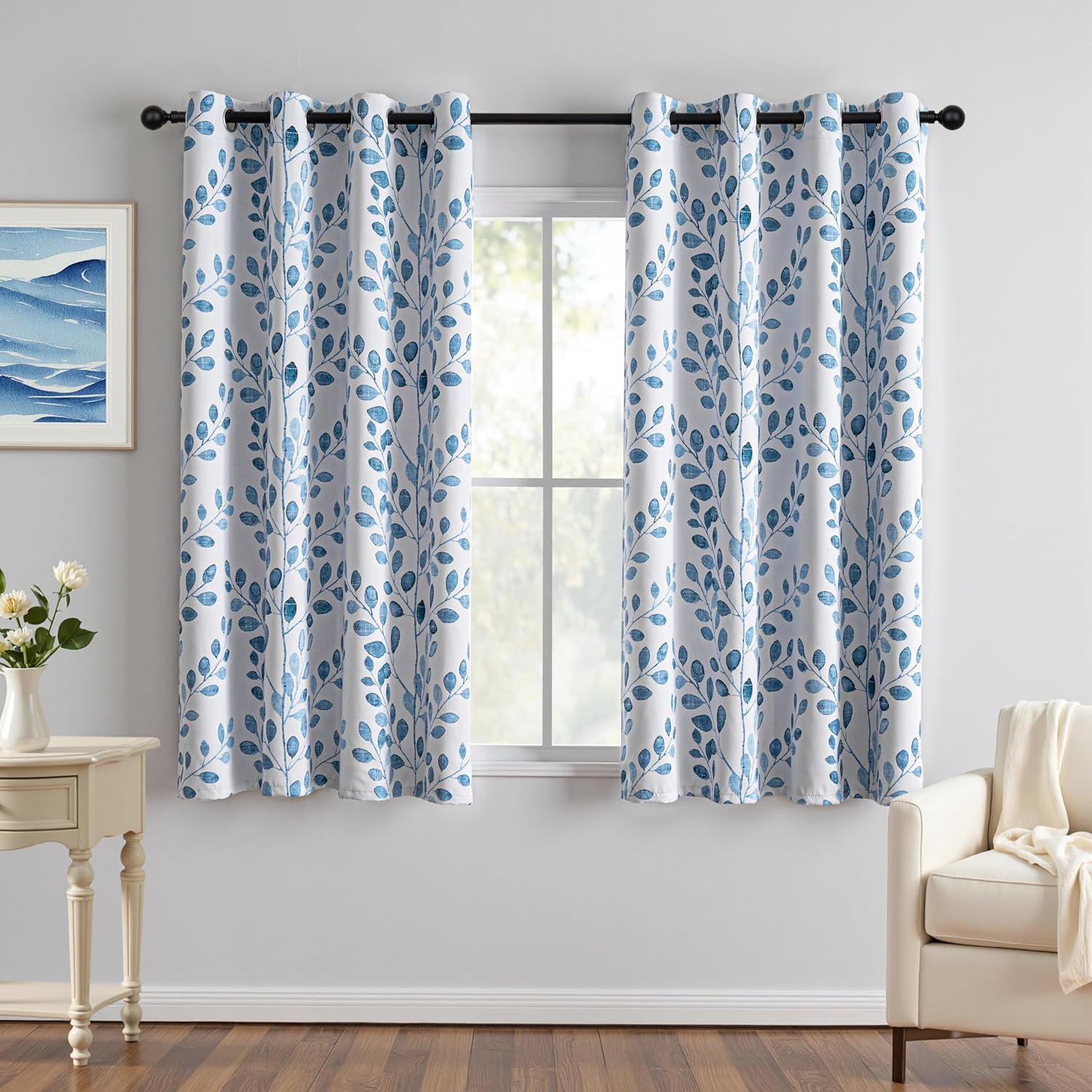 MYSKY HOME Curtains for Bedroom 63 inches Long Thermal Insulated Room Darkening Curtains Tree Branch Print Pattern Classic Curtain for Dining Room Home Decor Grommet Top Drapes, Blue, 2 Pieces 63"W x 52"L (Pack of 2) Leaf-blue