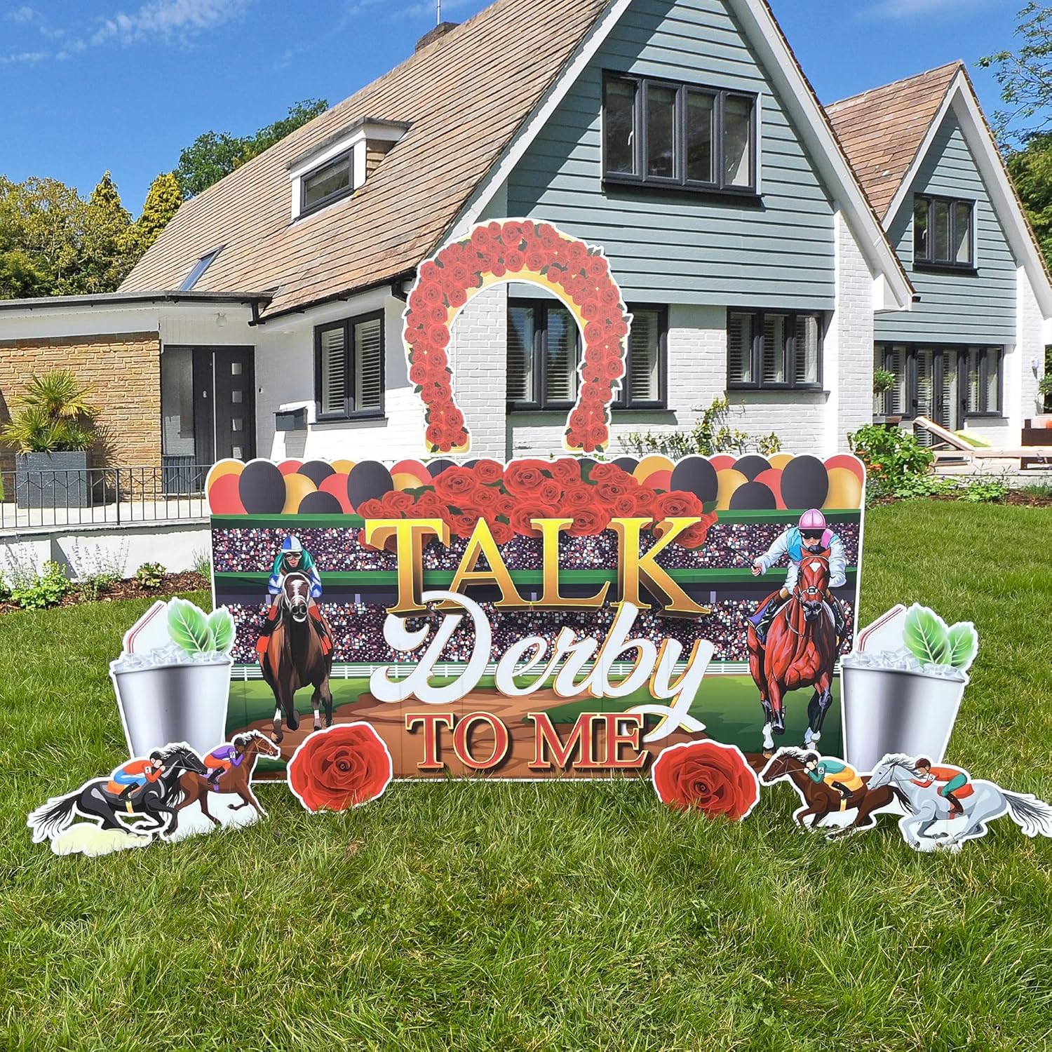 VictoryStore Horse Derby Party Oversized EZ Yard Cards, 36x72 Inches Talk Derby To Me, Waterproof Corrugated Plastic, Includes 14 Short Stakes, 6 EZ Stakes and 4 Stacking Pins