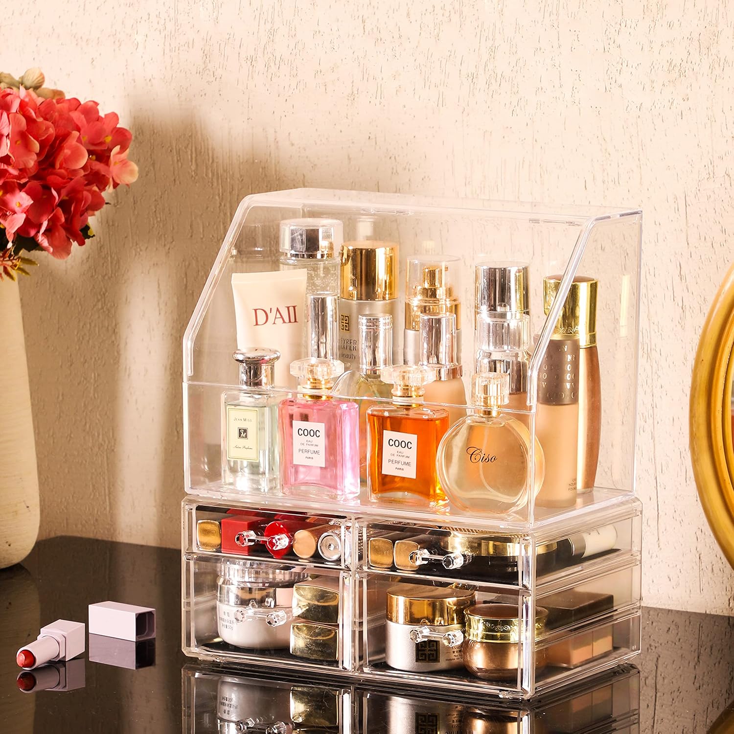 Celar Makeup Organizer With With Lid,Dustproof Waterproof Design Make up Organizer for Bathroom Countertop,4 Drawers Acrylic Skincare and Cosmetic Storage for Vanity Countertop,Dresser Top Organizer