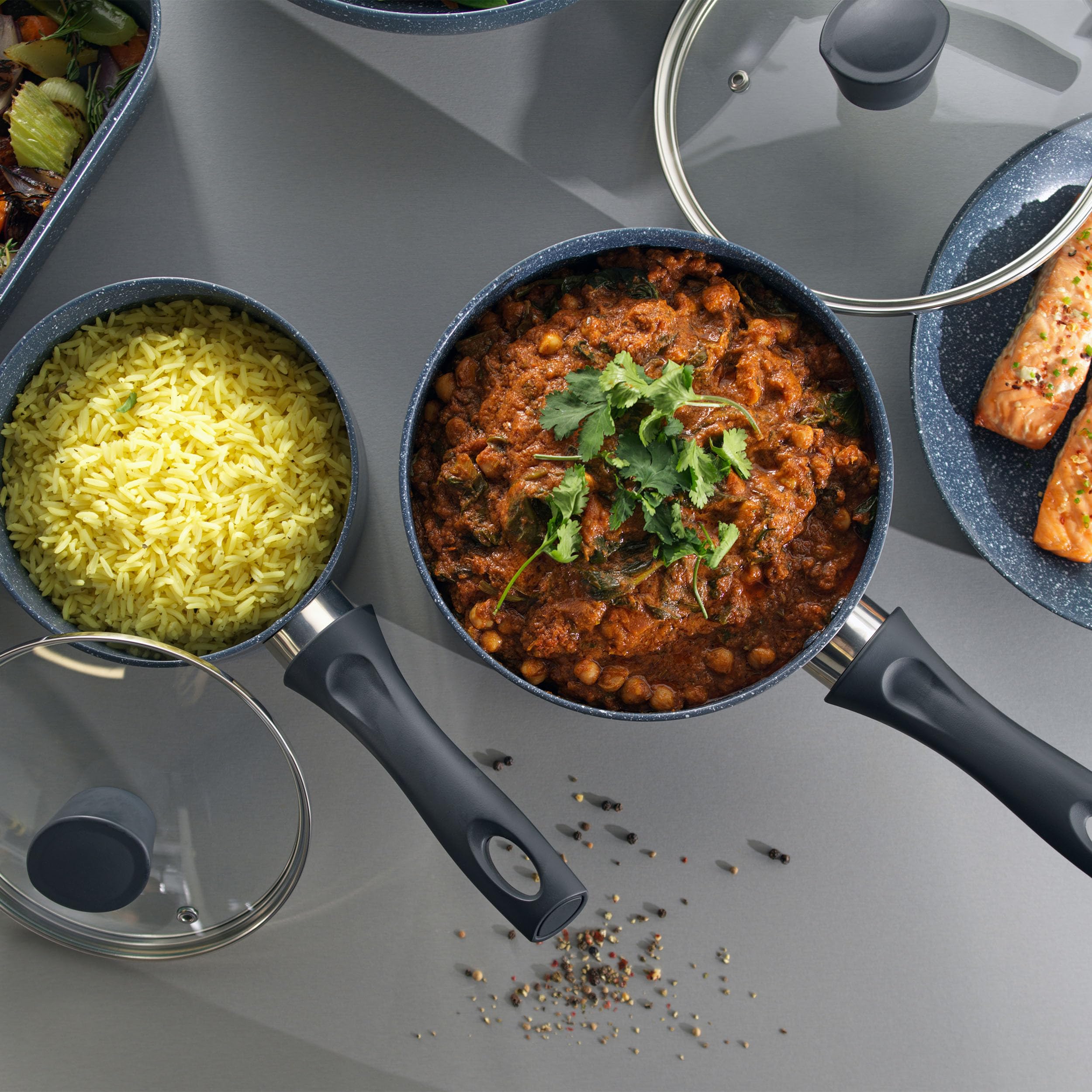 Russell Hobbs RH01840 4-Piece Pot Set – 24 cm Stackable Space-Saving Induction Cookware, Non-Stick Pan, Wok & Frying Pan, Universal Lid with Strainer, PFOA-Free
