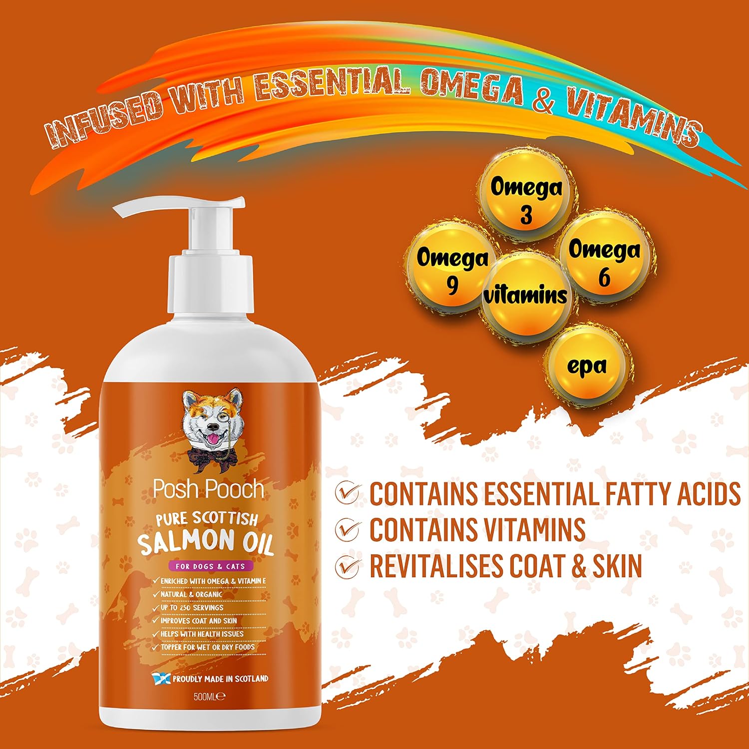 Scottish Salmon Oil For Dogs & Cats Natural Omega 3,6,9 With Vitamin E, Pure Fish Oil Promotes Shiny Coats, Enhanced Appetite - Image 4