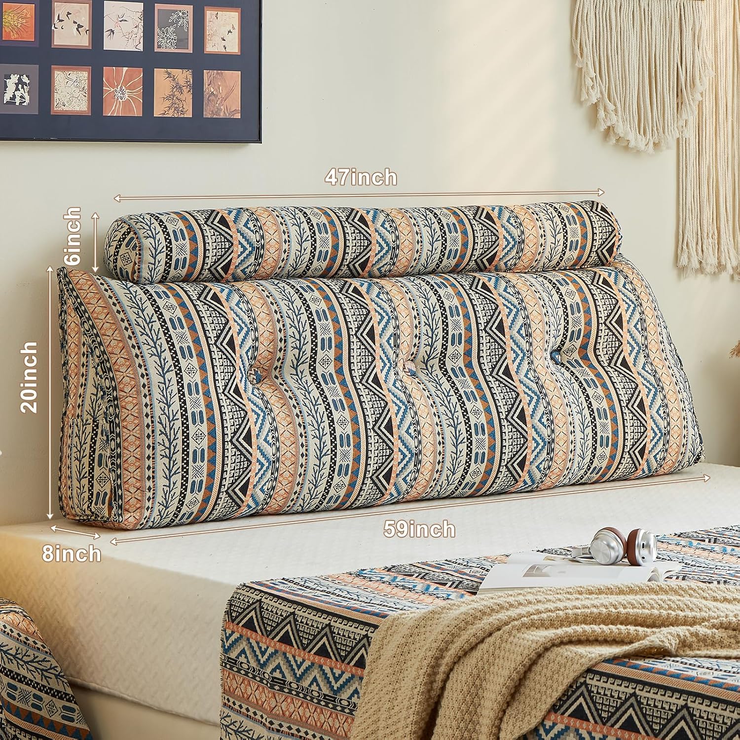 Boho Headboard Pillow for Full, Large Triangular Wedge Pillow for Headboard Gap, Daybed for Sitting Up in Bed, Couch or Sofa with Removable Washable Cover and Side Pockets, Amber Elegance