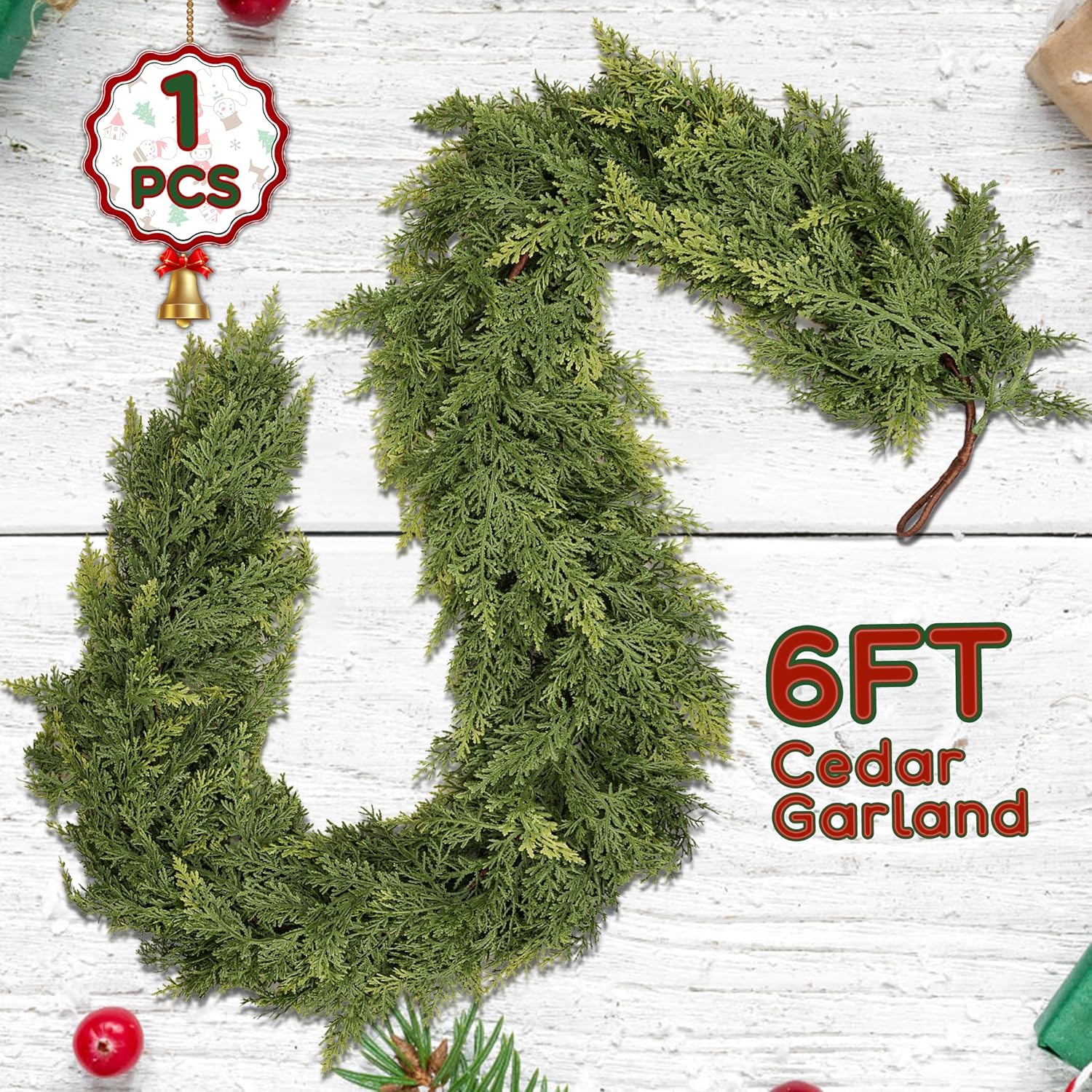 6 Feet Real Touch Christmas Cedar Garland, Artificial Green Faux Cedar Pine Garland for Furniture, Window, Stairs, Mantle, Indoor/Outdoor Christmas Decor - Image 2