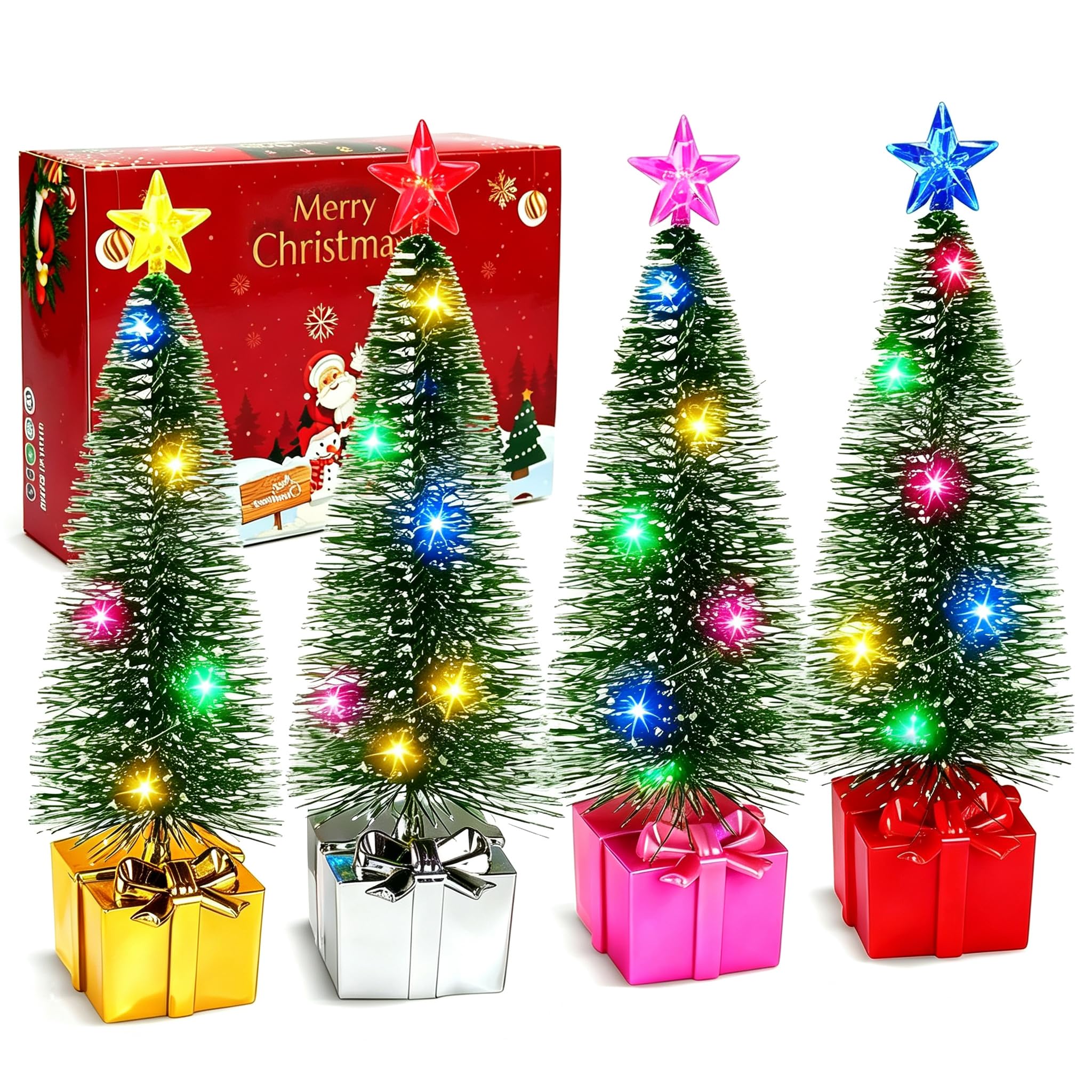 QIANSSE 4PCS Mini Christmas Tree with Lights, Tabletop Small Xmas Trees