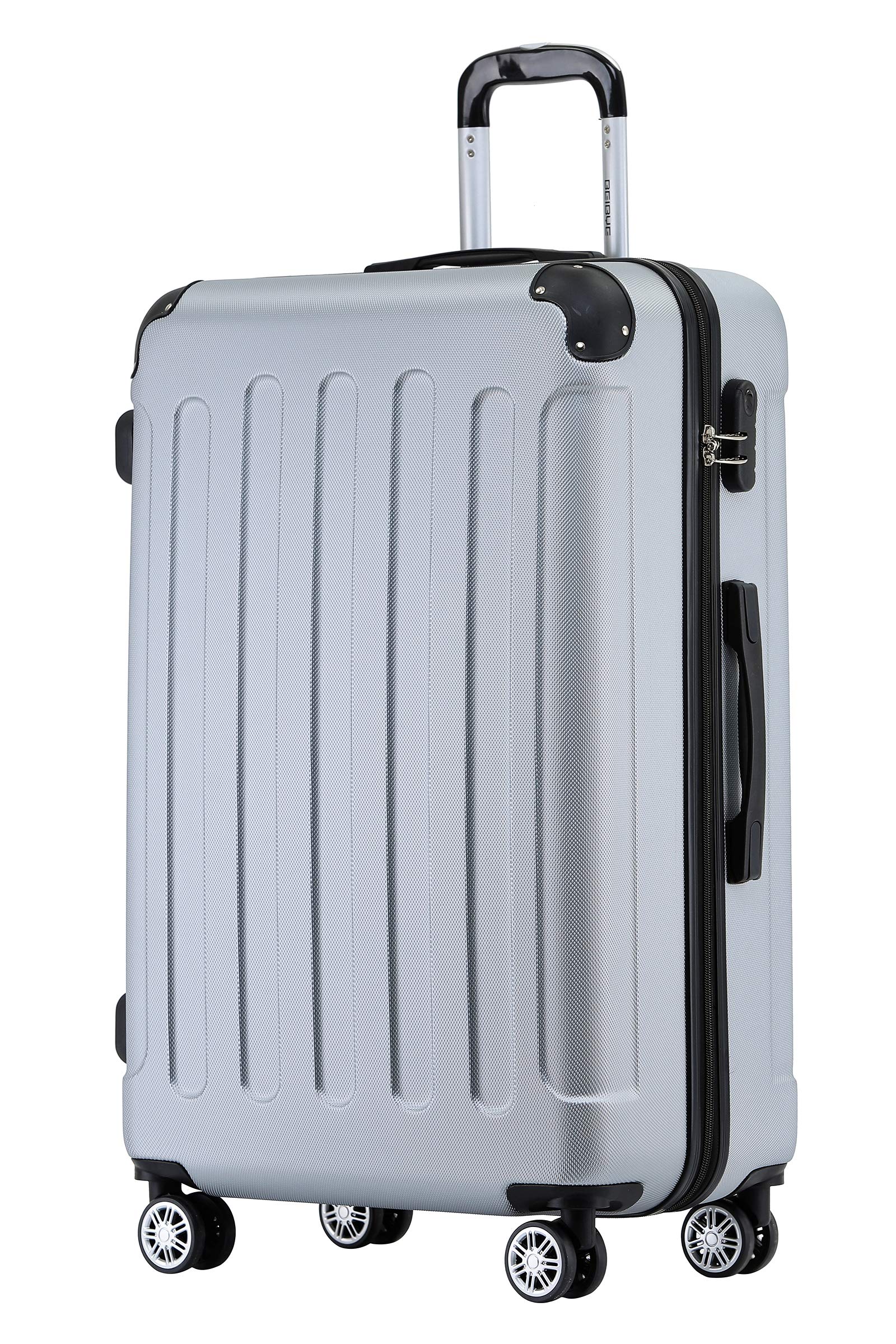 BEIBYE Hartschalenkoffer L 66 cm – mittelgroßer Reisekoffer, leicht, robust, ABS, 360° Doppelrollen, Zahlenschloss, Silber