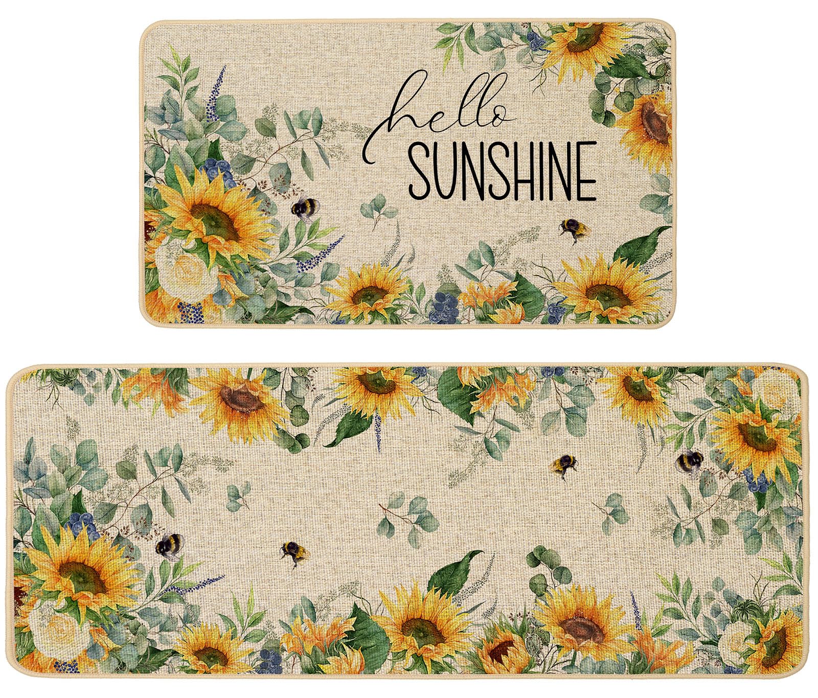 Baccessor Summer Kitchen Mats Set of 2, Sunflower Floral Bee Kitchen Rugs for Floor Non Slip Absorbent Low-Profile Seasonal Farmhouse Home Decor 17x29 and 17x47 Inch