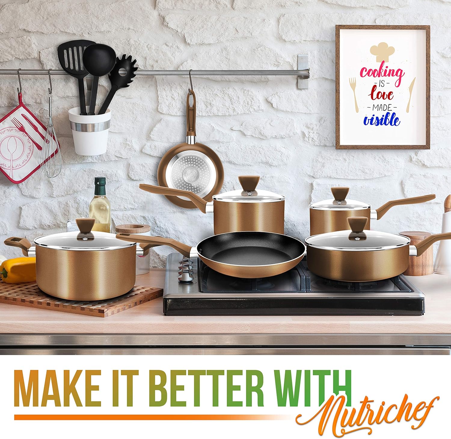 NutriChefKitchen Kitchenware Pots & Pans - Stylish Kitchen Cookware Set, Non-Stick (13-Piece Set), Brown, One Size, (NCCWA13BR.5)