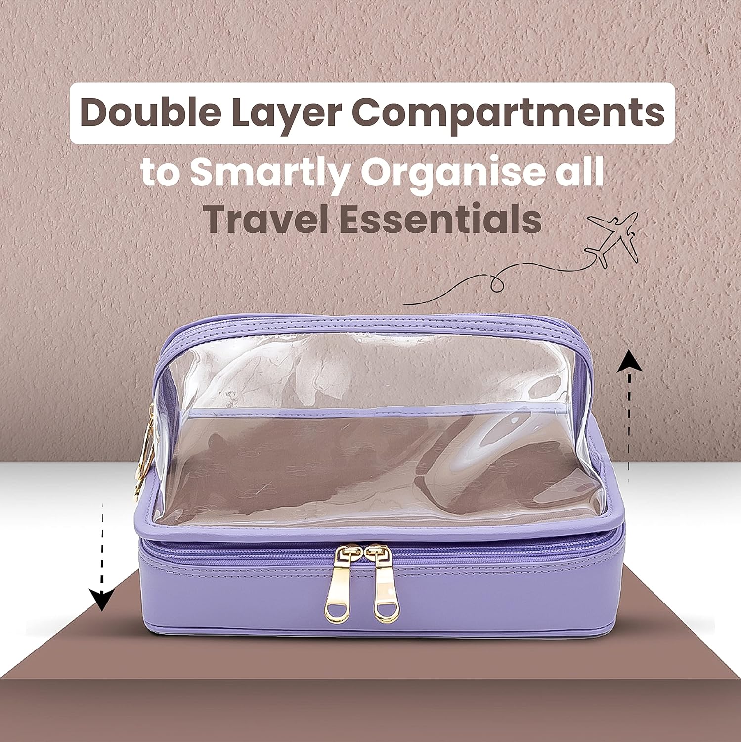 Women’s Vegan Leather Giza Double Layered Travel Pouch, Makeup and Toiletry Organizer, Multifunctional Storage with Dividers, Lilac, 1 Pc