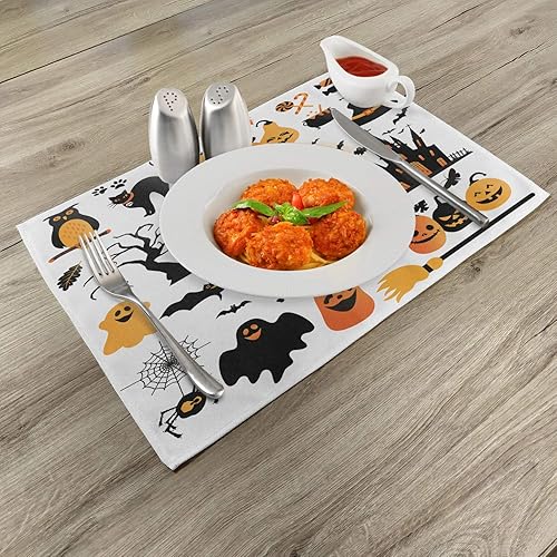 Miniatura 2 de Ambesonne Juego de 4 manteles individuales de Halloween, todos los objetos del día de las Reliquias, casa embrujada, búho y gato negro de dulce o