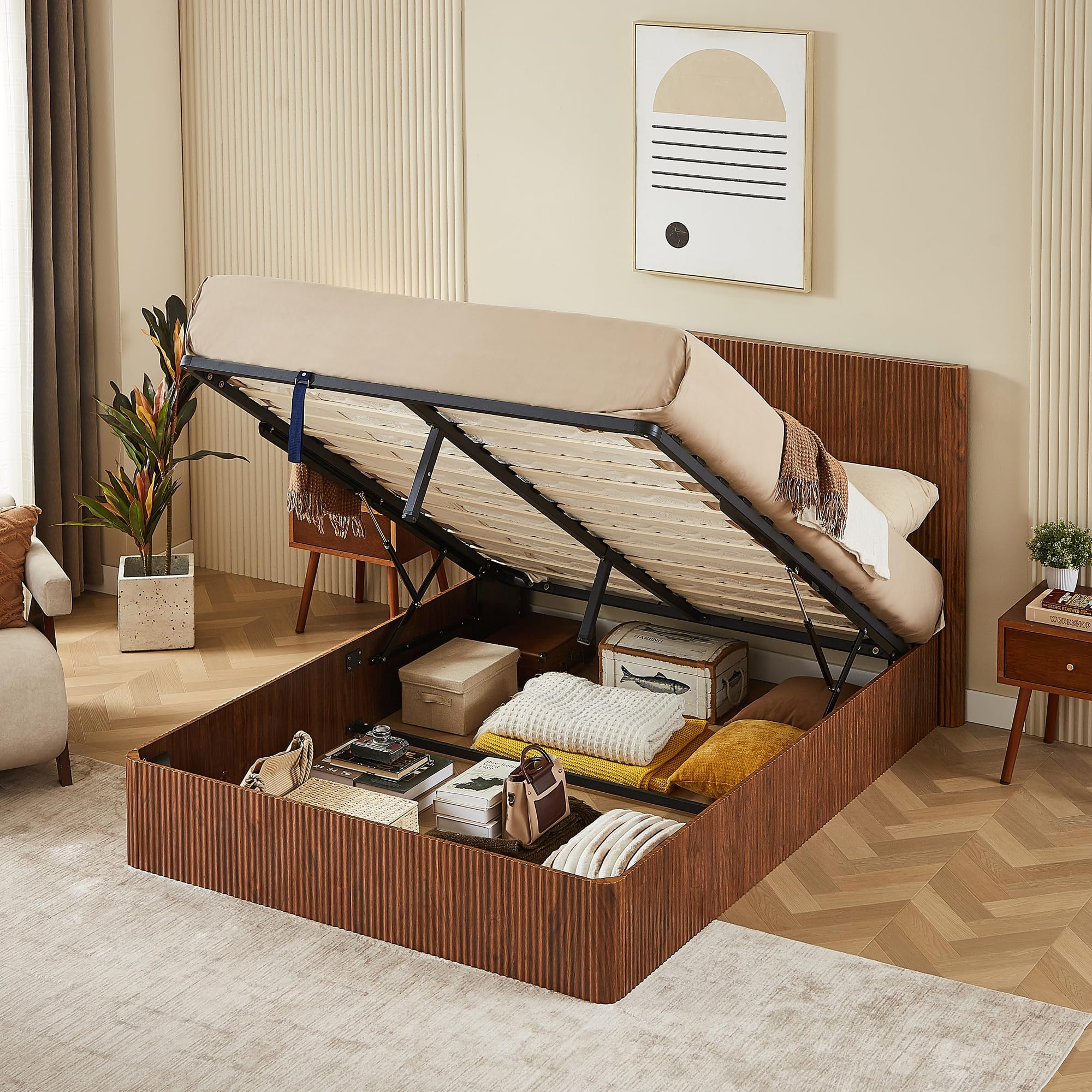 Anwick Queen Size Lift-Up Storage Bed Frame with Hydraulic System – Stylish Wooden Design with Elegant Corrugated Curved Lines, Spacious Under-Bed Storage, No Box Spring Needed (Walnut, Queen)
