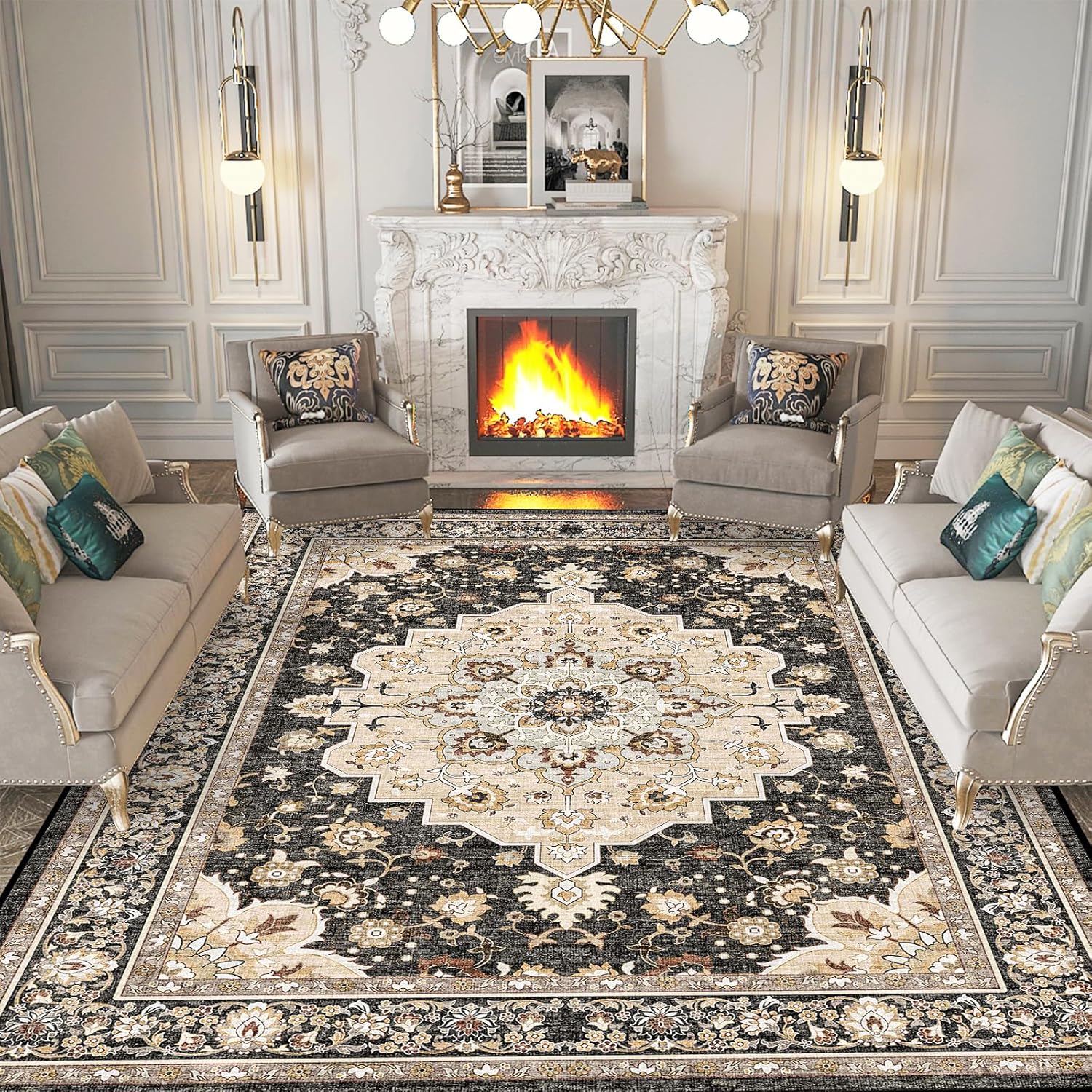 Washable 9x12 Large Area Rug: Vintage Non-Slip Backing Rugs for Living Room Stain Resistant Low Pile Bedroom Carpet Soft Medallion Farmhouse Floor Mat for Dining Room Home Office (9x12 Black/Green) 9' x 12' (Rectangular) Black