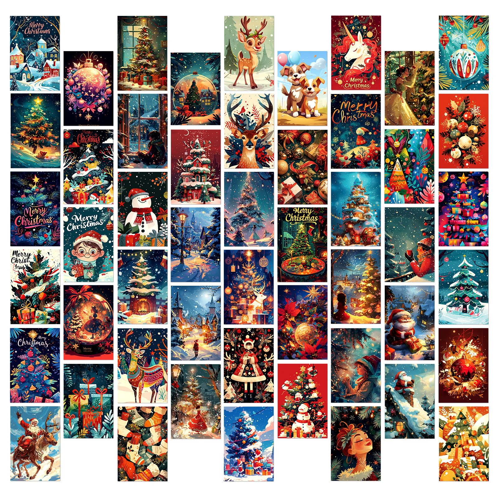 50pcs Vintage Christmas Postcards Merry Xmas Greeting Cards Posters Card Wall Art Decoration Christmas Post Card Set Scrapbooking Paper for DIY Craft Home Decor (C)