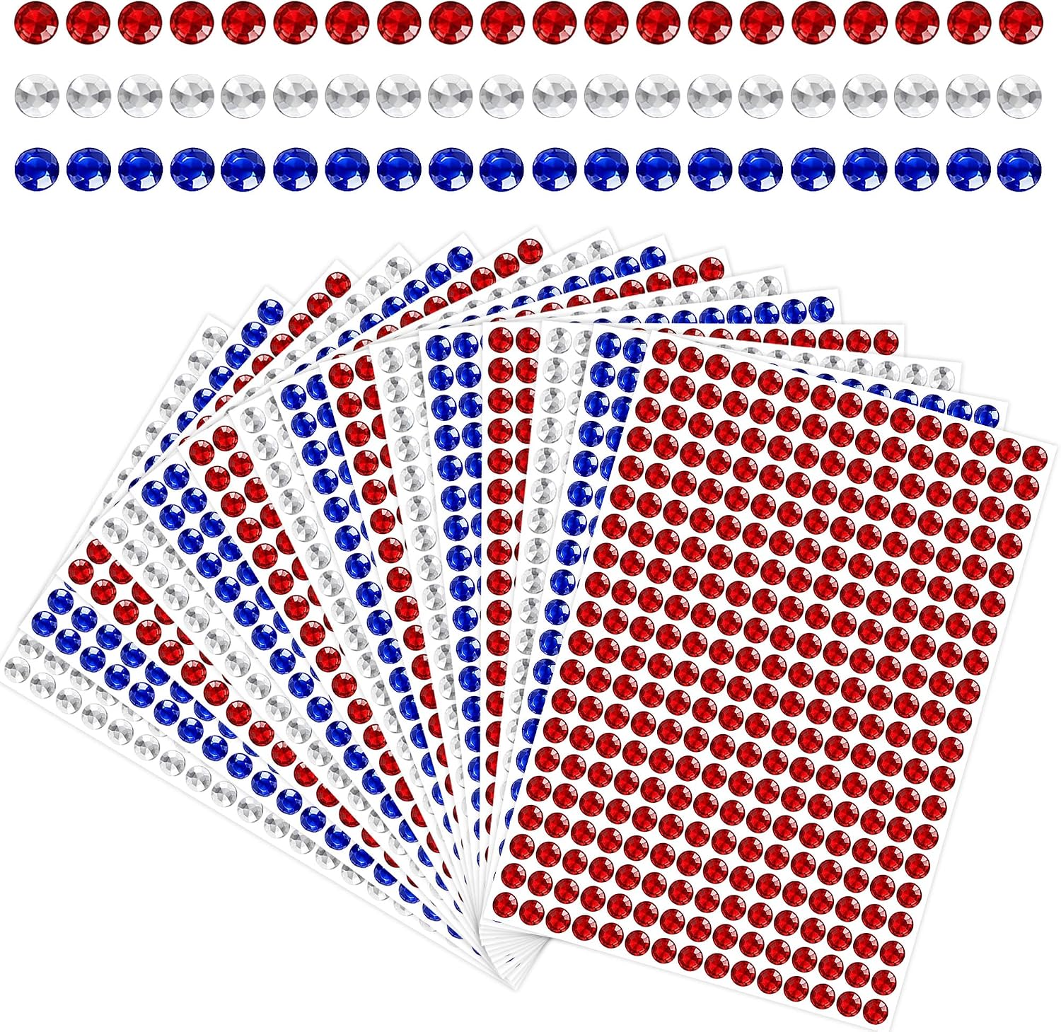 15 Sheets Red White Blue Round Rhinestone Stickers, Patriotic Self-Adhesive Gem Stickers for 4th of July Independence Day, Face Body Hair Jewels for Women, DIY Crafts Nails Decor Party Supplies