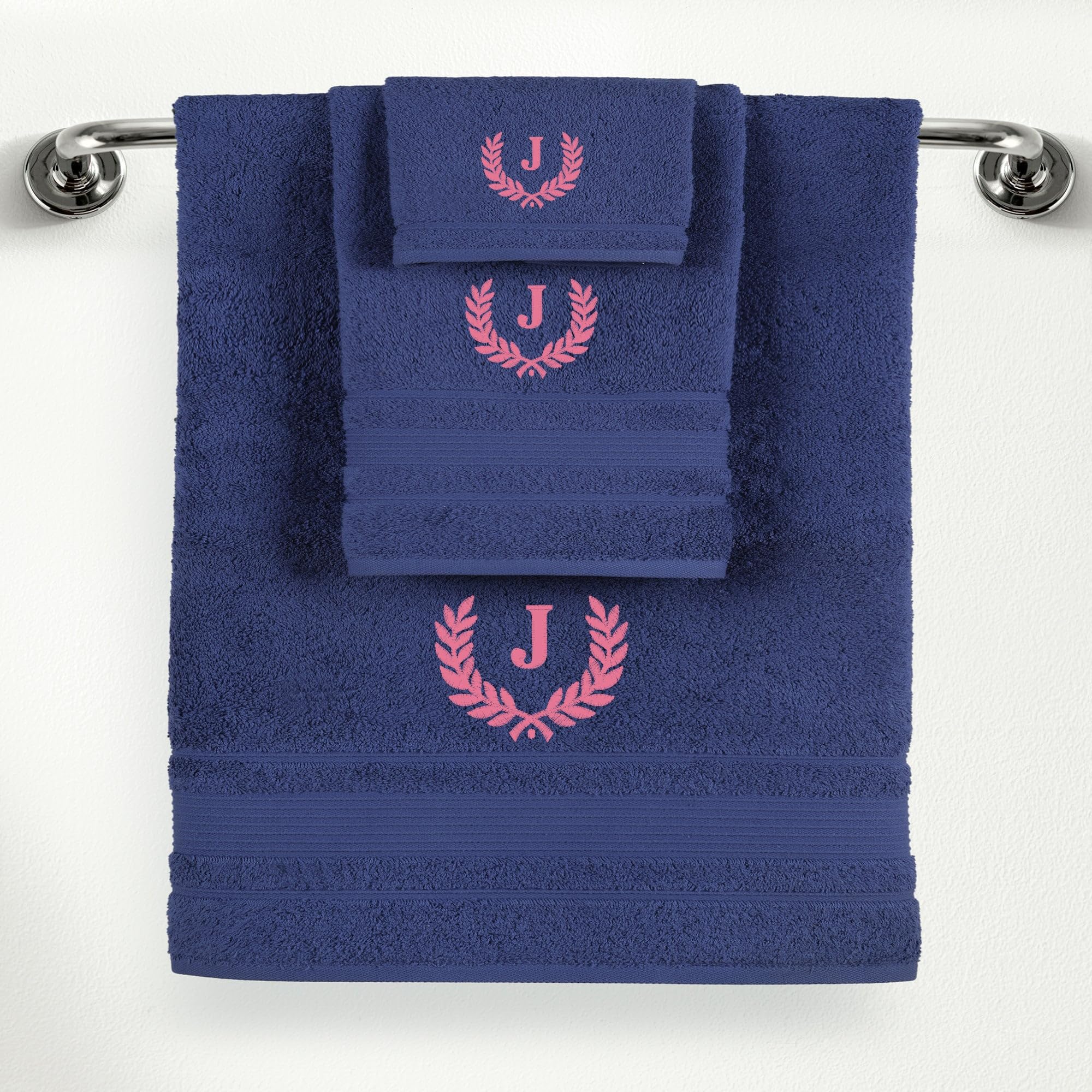 Ephesos Personalized Custom Monogrammed Navy Blue Towel Set - 3 Piece, Soft & Absorbent 100% Cotton - Perfect for Gifts, Home, Bathroom, Spa, or