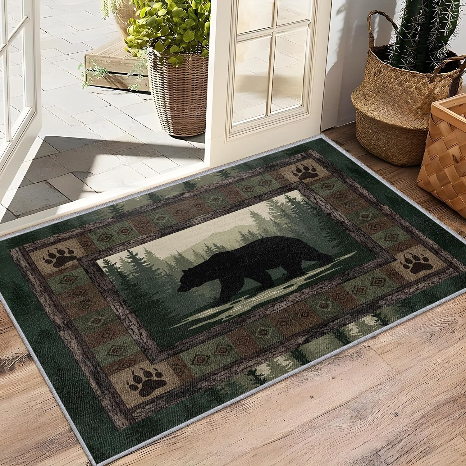 Bear Rug 5x7 - Wildlife Rustic Cabin Green Area Rugs, Forest Wild Animal Lodge Carpet, Washable & Non Slip & Soft Large Carpets Home Decor