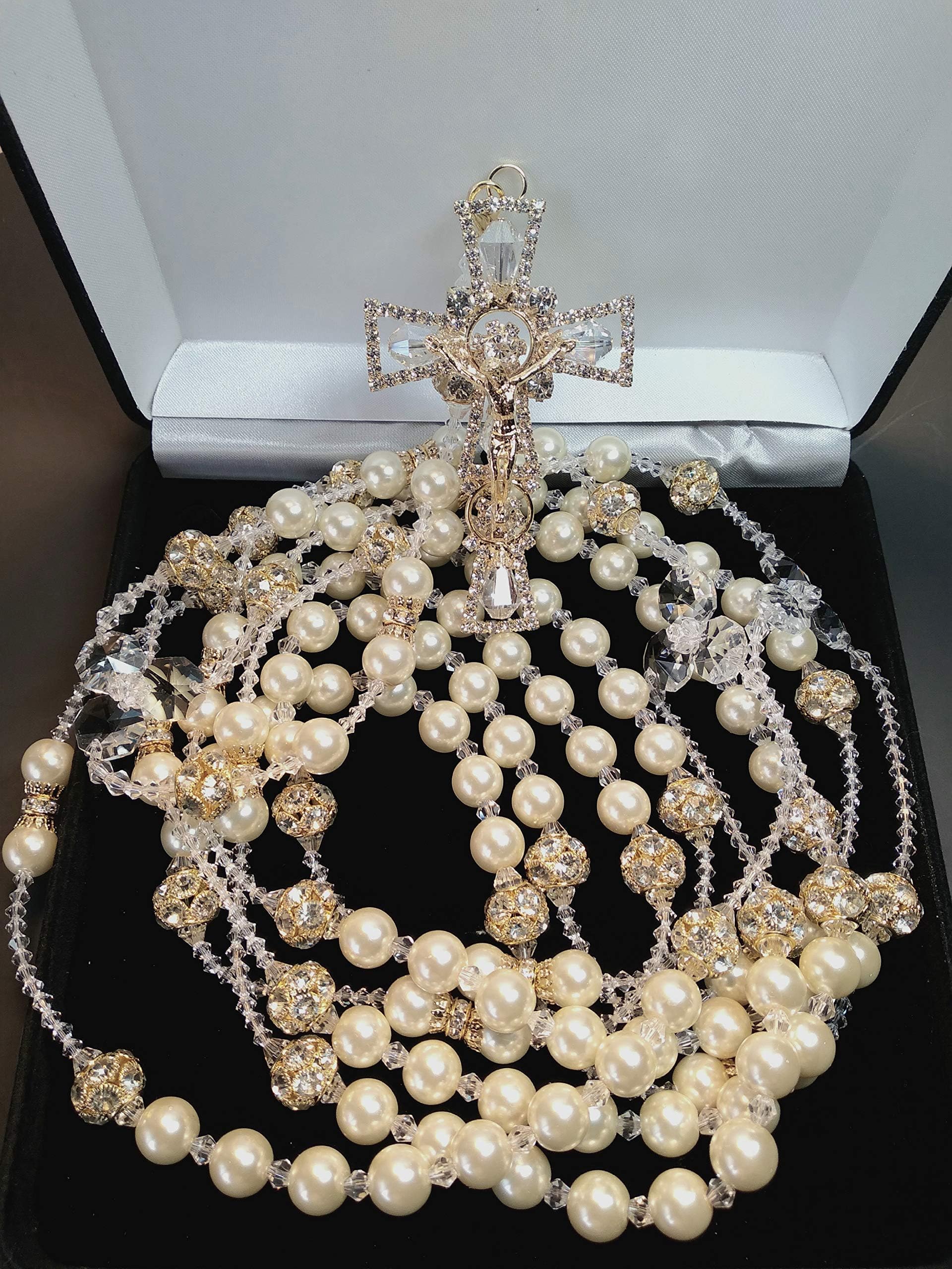 Aeiniweraabbcc SPPRANDOM J.G Wedding Lasso/Lasso para boda de Perla fina Color Ivory y rhigestone Color oro Lazo con Cruz catolica y cristales Lazo Fino.
