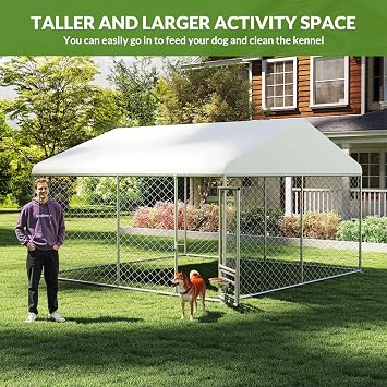 Rovibek 10x10 Ft Dog Kennel Outside, Outdoor Dog Kennel with Roof, Dog Kennels Outdoor with Steel Rotating Feeder Bowls, Outside Kennel for Large Dogs