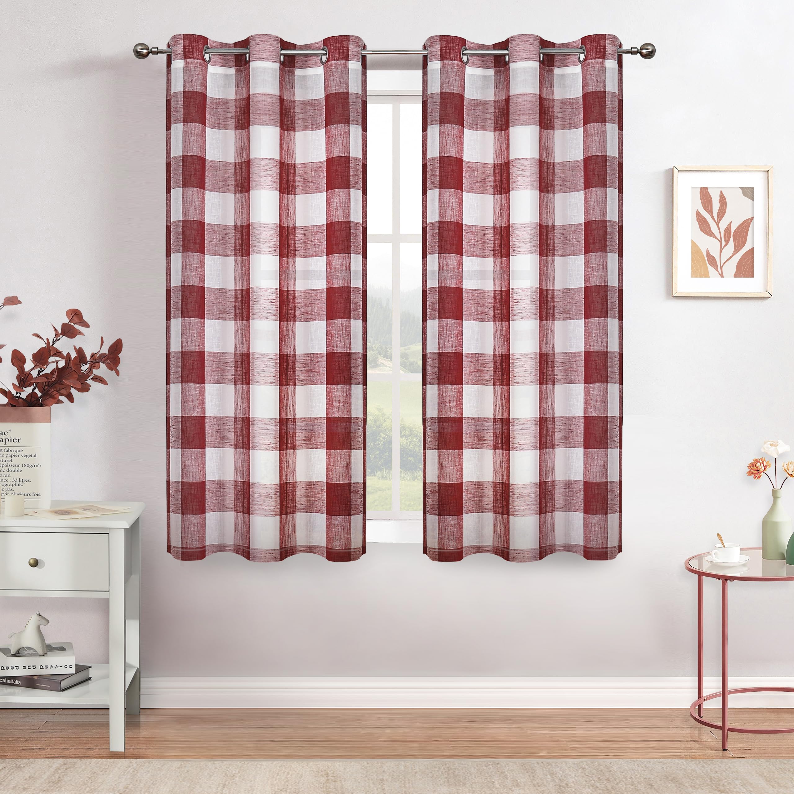 Bapawfish Red White Buffalo Plaid Checkered Sheer Window Curtain Drape Panels, Farmshouse Rustic Grommet Top Voile Treatment for Bedroom & Living Room（2 Panels,40"x63", Red/White）