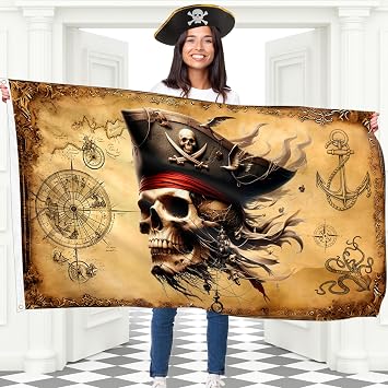 Pirate Flag Jolly Roger Flag with Pirate Map - 100Den polyester Double Seam - 2 brass eyelets, large 5ft x 3ft