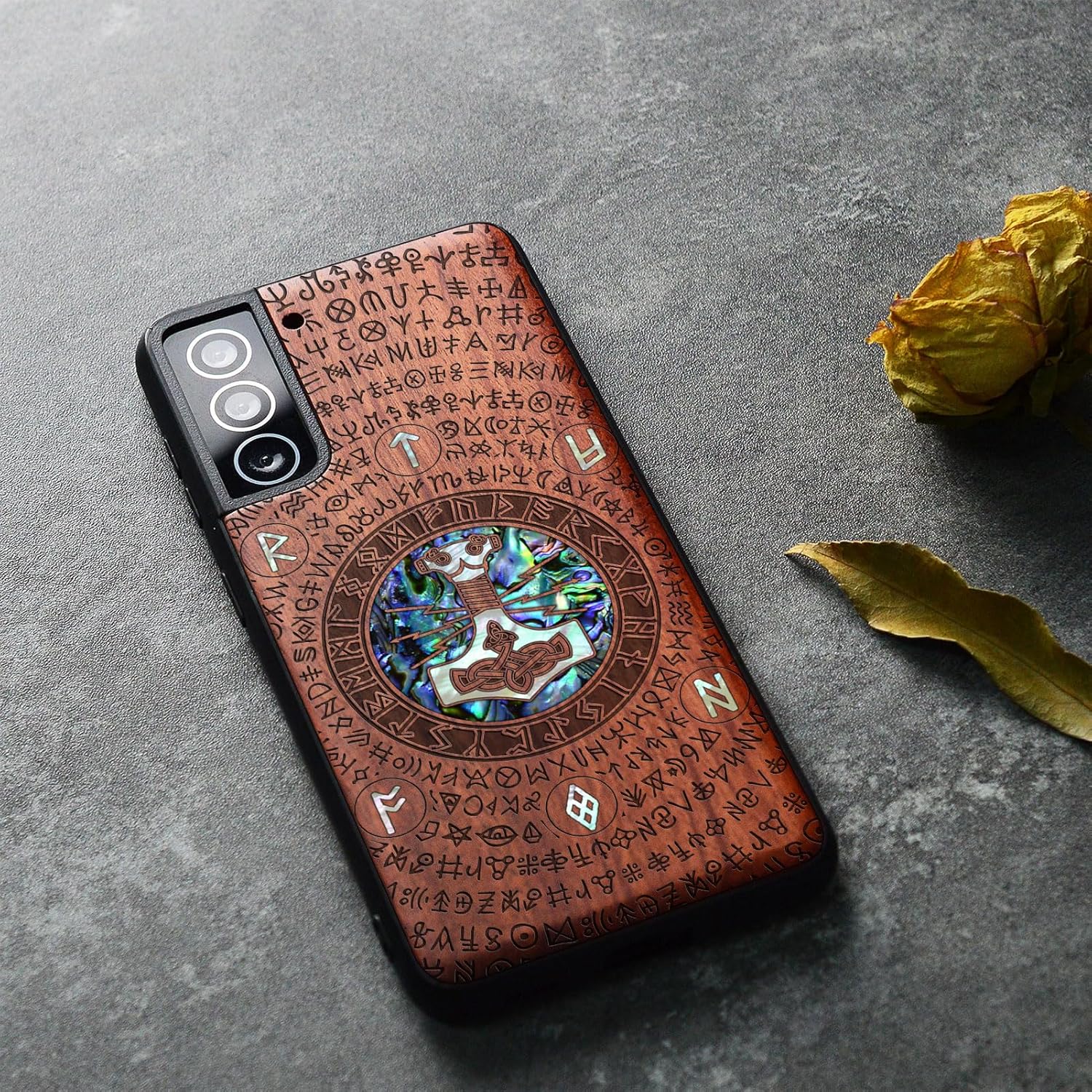 Carveit Designer Wooden Cover for Samsung Galaxy S22 Case [Wood Engraving & Shell Inlay] Compatible with Wireless Chargers Galaxy S22 (Thors Hammer-Rosy)