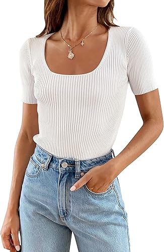 ZESICA Camisetas de manga corta con cuello cuadrado para mujer, ajustadas, de verano, de punto acanalado, básicas, casuales