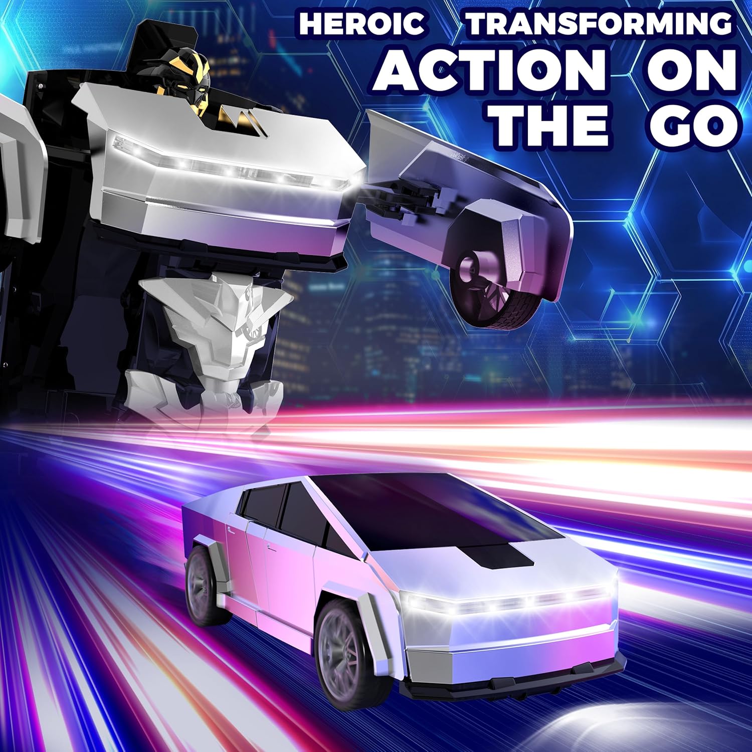 Transform RC Cyber Pickup Truck Cars Robot Toy for Kids, 2.4GHz Remote Control Car with One-Button Deformation 360° Rotation LED Lights Valentine's Day Birthday Gifts for Boys Age 4-7-8-12（1:18 Scale）