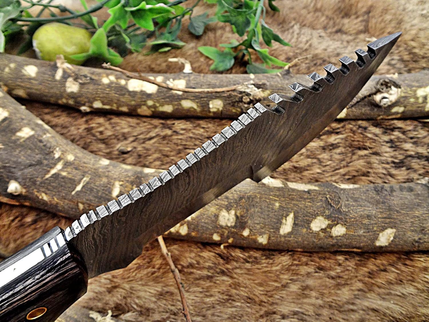 13" Long Hand Forged Twist Pattern Full Tang Damascus Steel Tracker Knife, 2 Tone Black Dollar Wood with Holes Scale, Cow Leather Sheath (Black Dollar Wood)