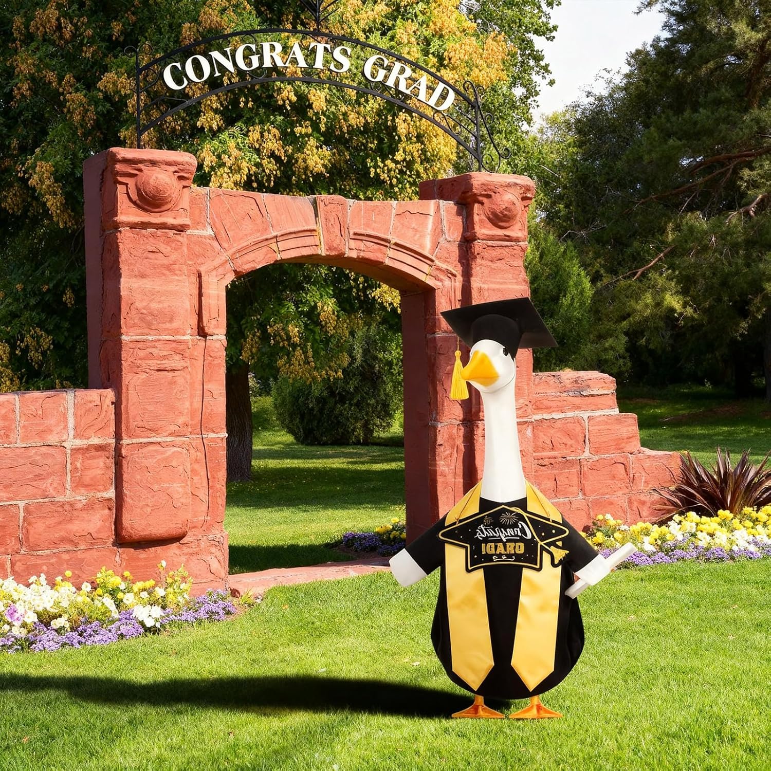 Mindsoft 4 Pcs Graduation Porch Goose Outfit with Congrats Grad Wooden Sign Graduation Cap and Gown Stoles Goose Outfit for 23" Cement Plastic Geese Statue Outdoor Patio Yard Lawn Art Decoration