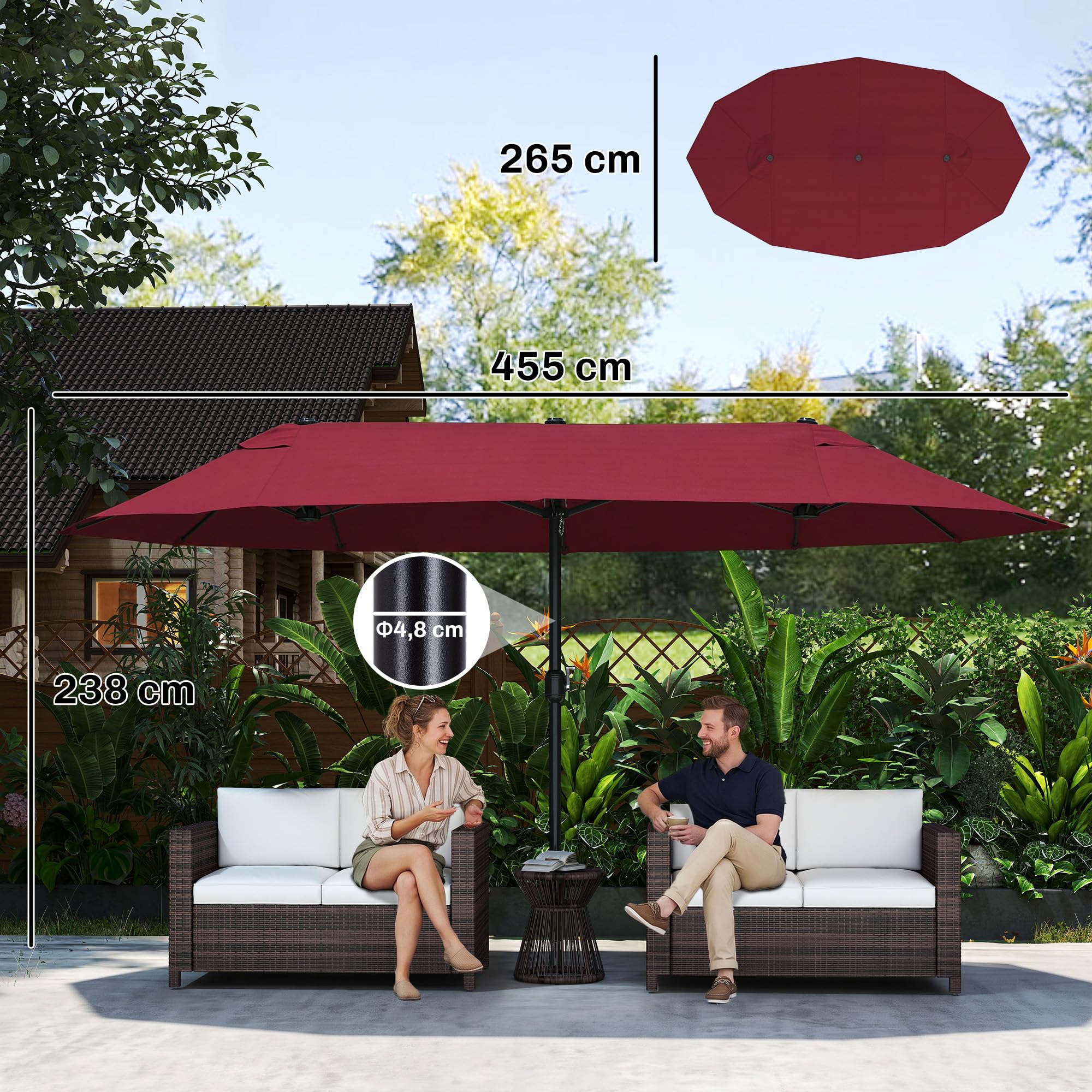 Outsunny Doppelsonnenschirm 455 x 265 cm, UV Schutz Sonnenschirm mit Handkurbel, Balkonschirm windfest Kurbelschirm Sonnenschutz für Balkon Garten