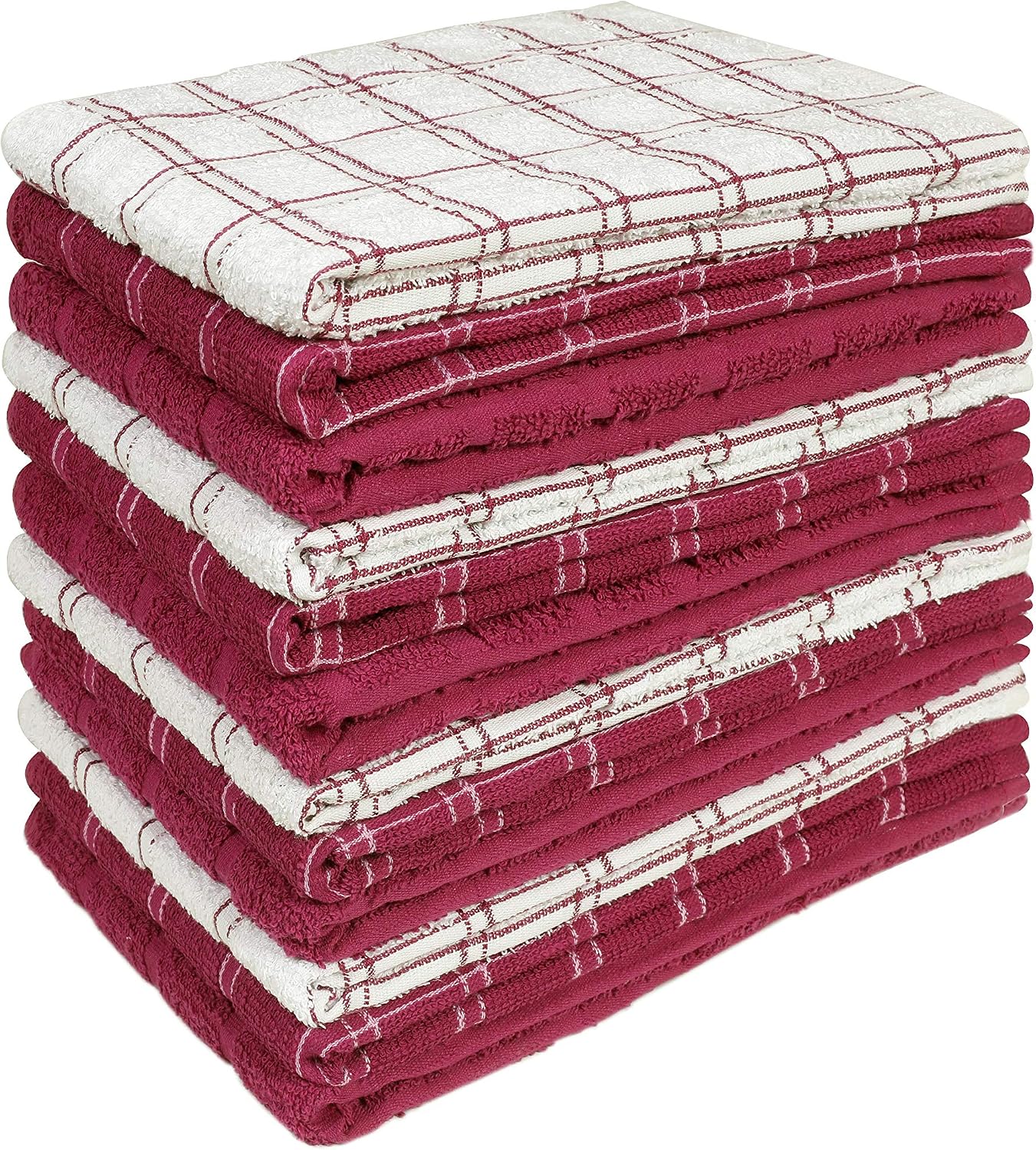HOME LABELS TRANSFORM YOUR LIVING Kitchen Towel 12 Pack, 15" x 25" Cotton, Machine Washable Extra Soft Set of 12, 3 Designs Dobby Weave Kitchen Dish Cloths, Tea Towels, Bar Towels, Plum
