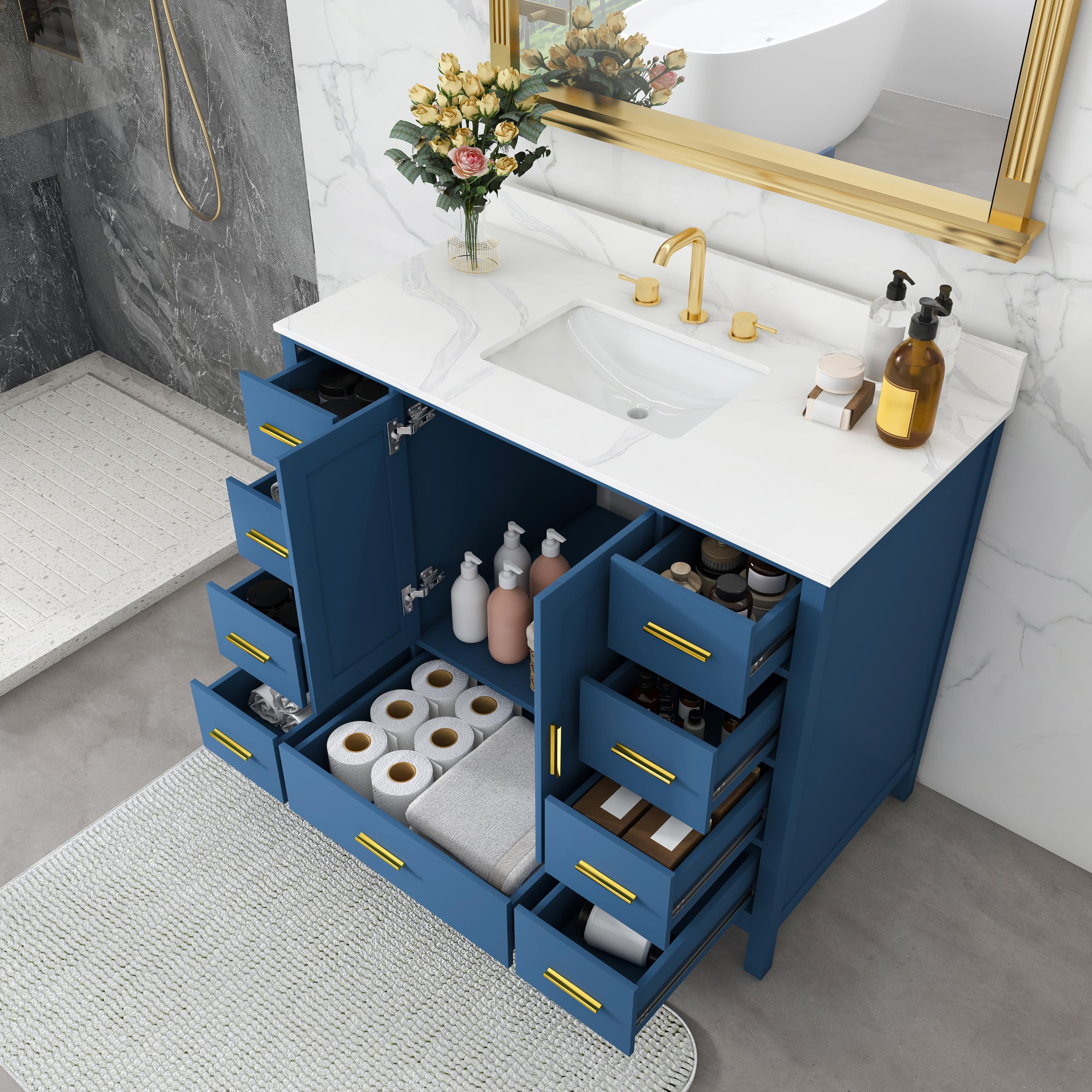 Mobile da bagno blu da 106,7 cm con piano in pietra sinterizzata e lavello sottopiano da 20,3 cm con fori per rubinetto diffusi, cassetti a chiusura rallentata ed elegante paraschizzi, decorazione