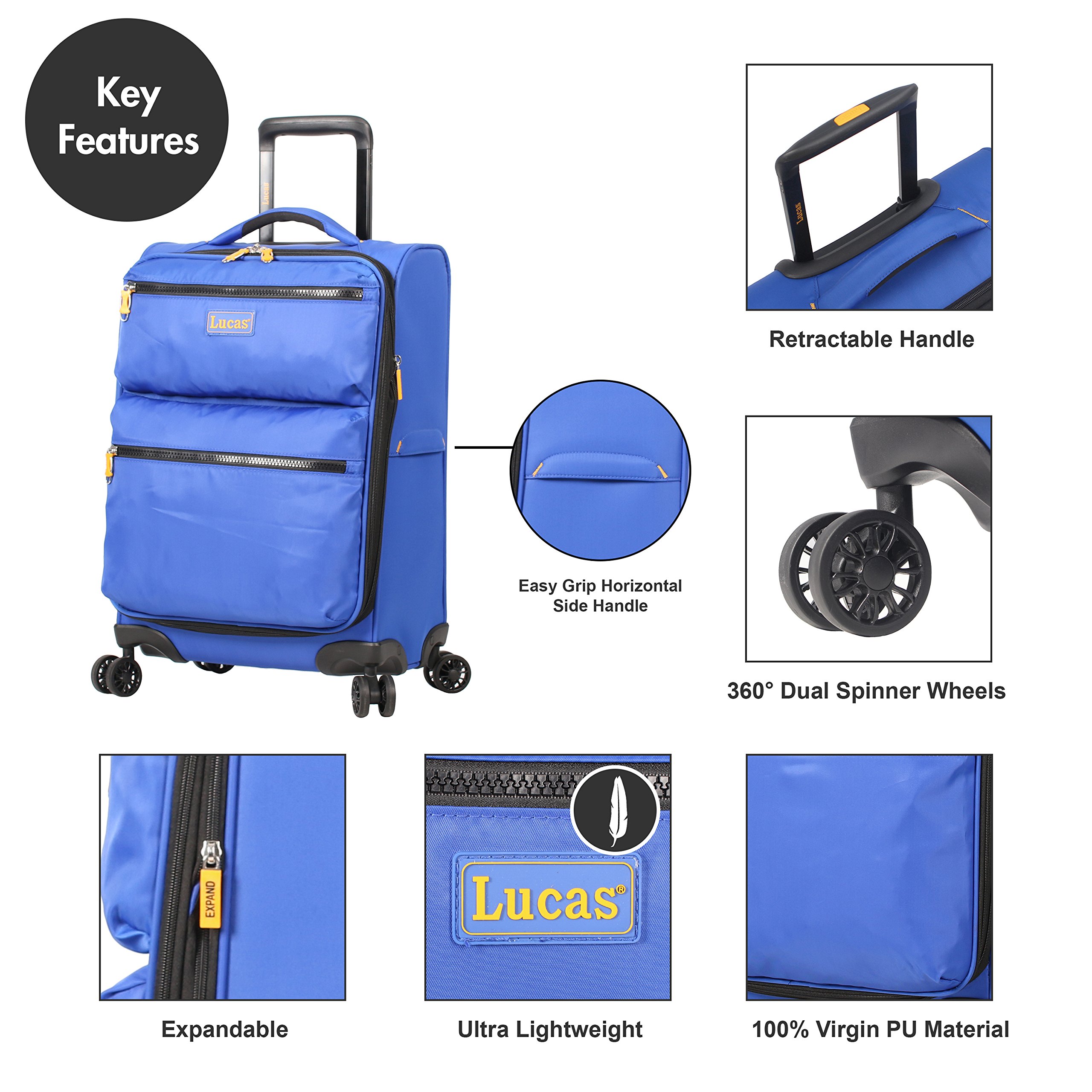 LUCAS Maleta de mano ultraligera y expandible de 20 pulgadas, pequeña bolsa rodante que se adapta a la mayoría de compartimentos de aerolíneas, maleta duradera de 8 ruedas giratorias, Azul real, 20in