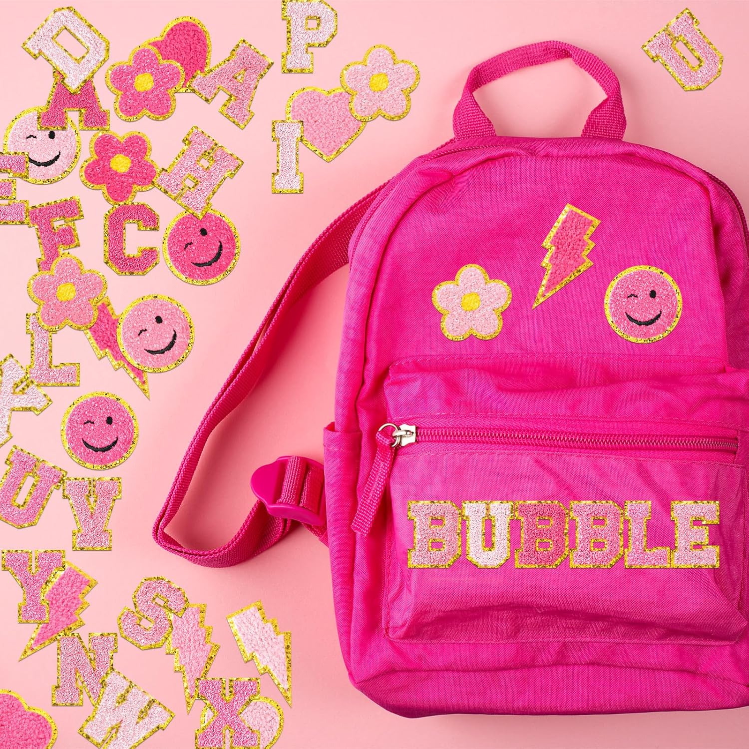 Hanaive 136 Pcs Chenille Letter Patches Self Adhesive Stickers for DIY Cute Smile Face Heart Rainbow Patches for Clothing Backpacks Bags Jackets Hat Decoration(Cute Style,Pink Color)