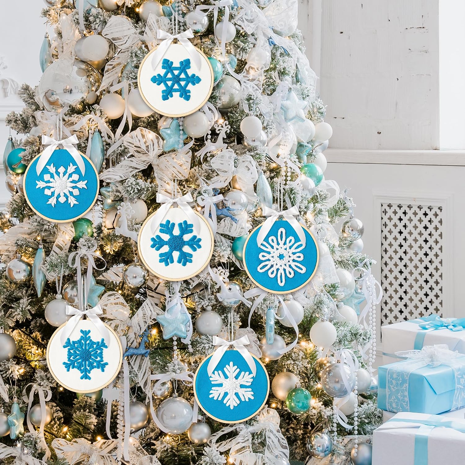 K1tpde 6 Set Winter Embroidery Kit for Beginners Blue Snowflakes DIY Needlepoint Kit with Pattern Instruction Embroidery Hoop Threads Needles Needle Threader Ropes and Ribbon Christmas Tree Decoration