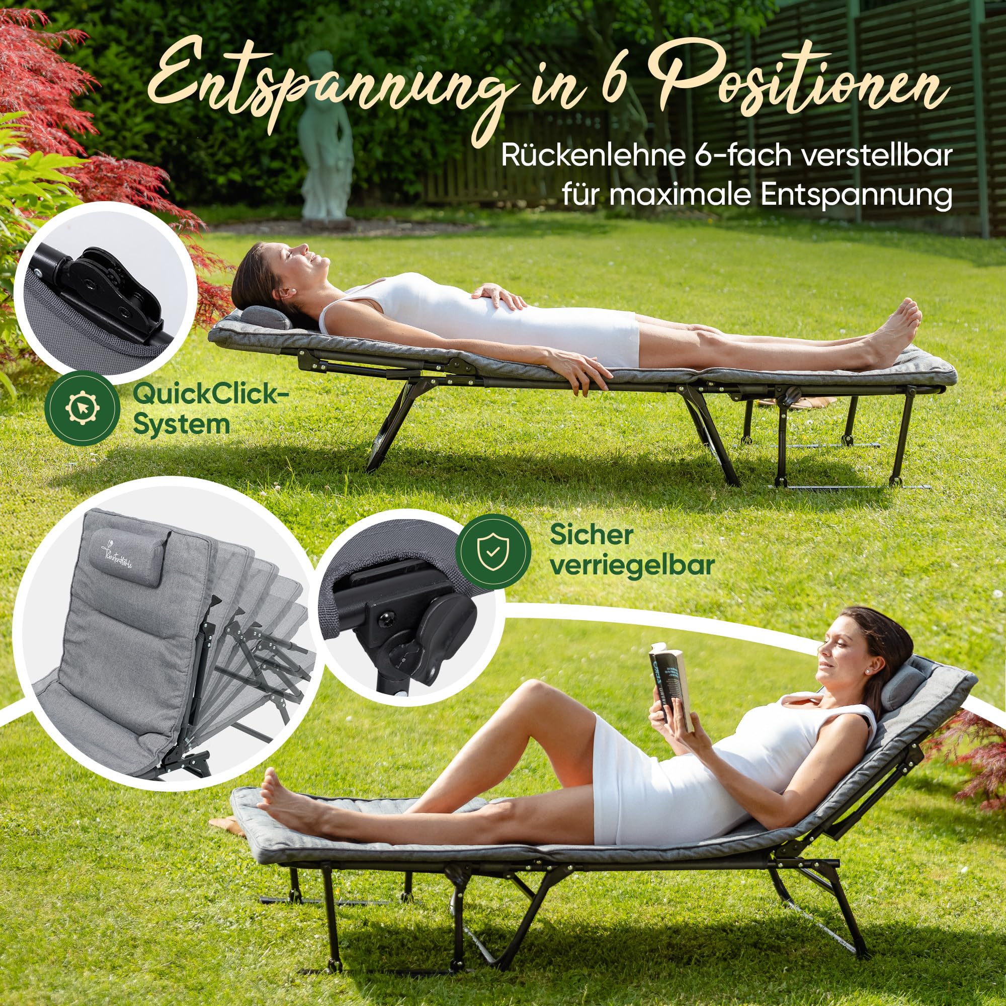 Sonnenliege klappbar [2 in 1 Gartenliege Wetterfest] Stuhlfunktion bis zu 200 KG Belastbar zum Sonnenbaden, Lesen, Entspannen Camping oder Garten