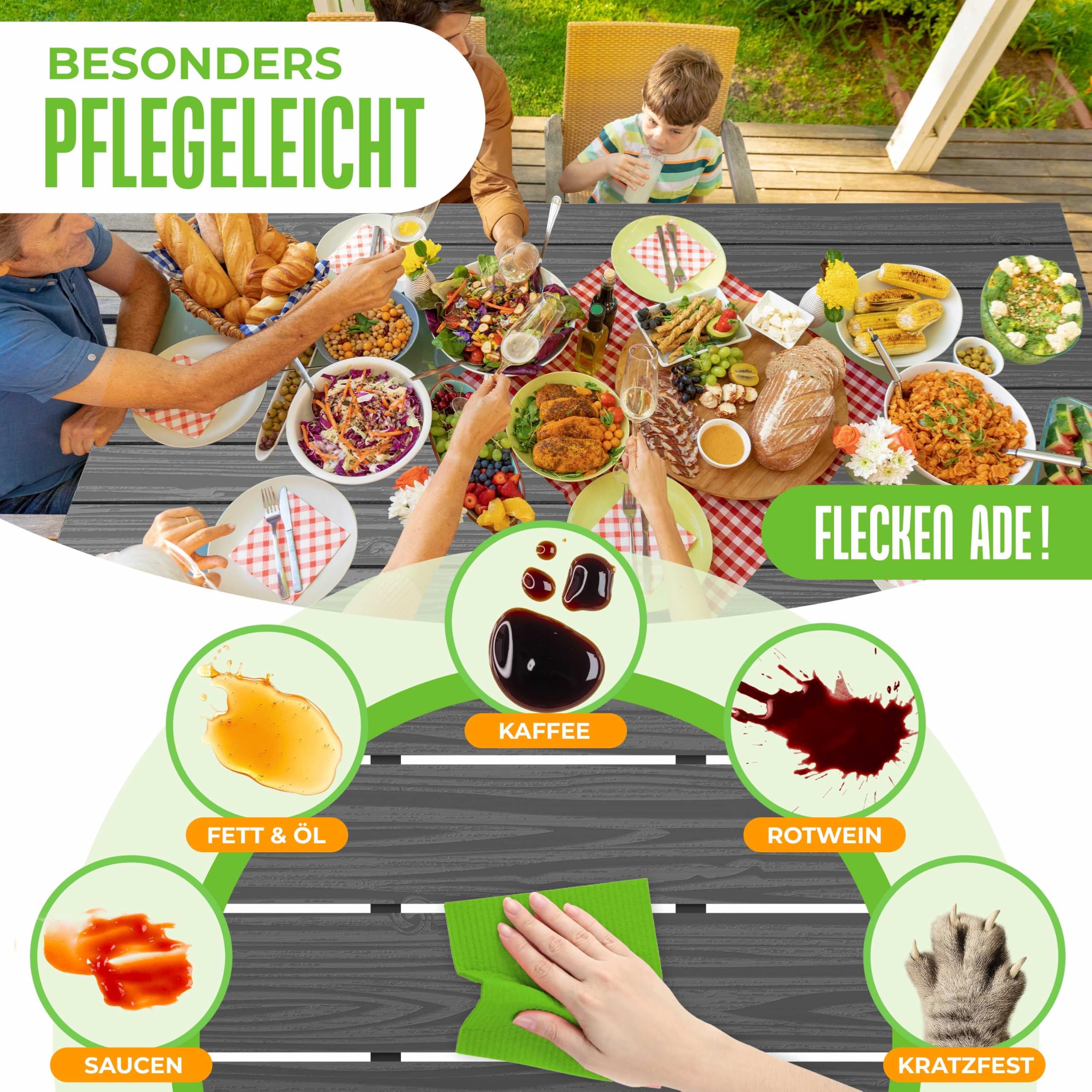KESSER® Gartentisch 156x78cm für bis 6 Personen Esstisch Wetterfest & UV-Beständig | Outdoor Tisch mit pulverbeschichteter Stahl-Gestell & Kunststoff Tischplatte in Holz-Optik inkl. 6 Filz-Untersetzer