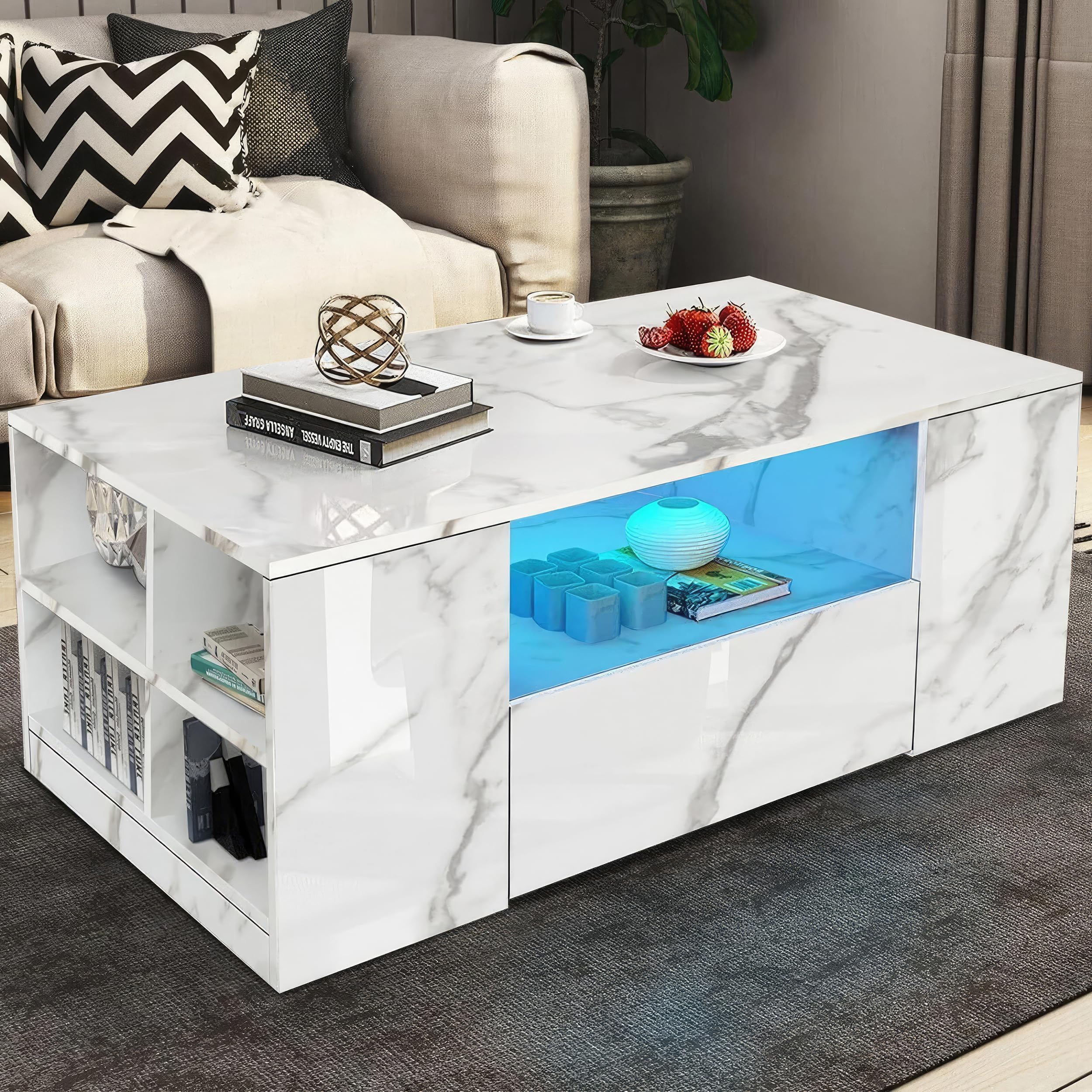 High Gloss Coffee Table with Storage, Coffee Tables Wooden Centre Tea Table with Led RGB Lights 2 Drawer Storage and Open Shelf Rectangle Coffee End Table For Home Office Furniture, White Marble