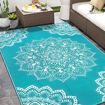 Yamaziot Waterproof Outdoor Rug 6x9 ft, Reversible Plastic Straw Rug for Patio Clearance, Camping, RV Mat, Large Outside Rug Carpet for Porch, Deck, Backyard, Balcony, Picnic Blue