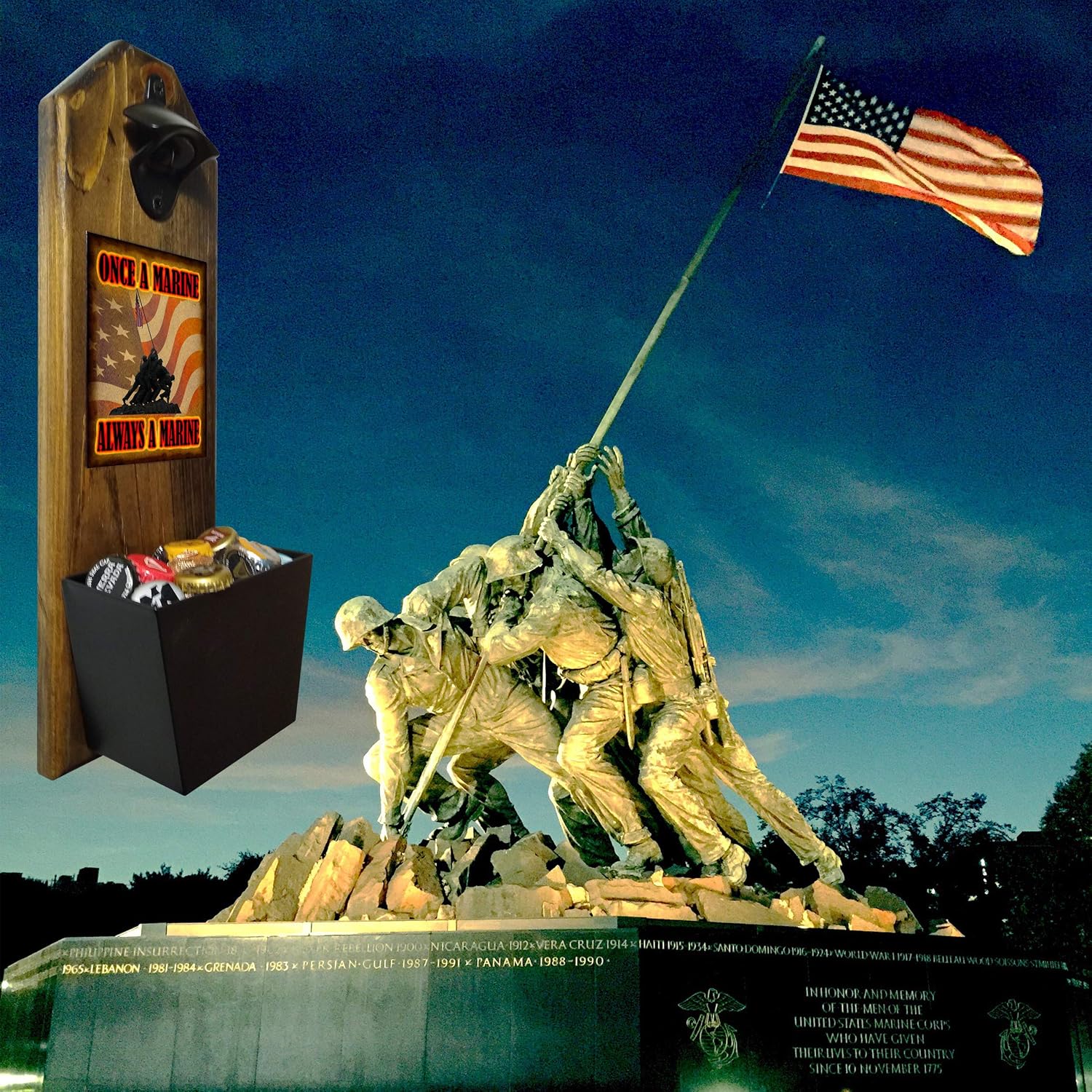 "Marine Corps - Iwo Jima, Flag" Bottle Opener and Cap Catcher, Wall Mounted - Handcrafted by a USMC Vet - Solid Pine 3/4" Thick - Cast Iron Opener & Galvanized Bucket - Officially Licensed #19527