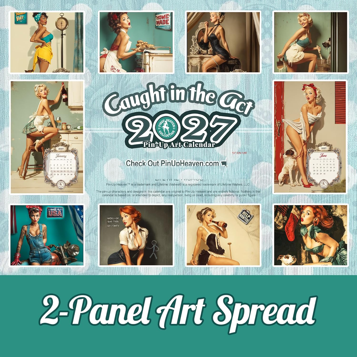 Pin Up Calendar 2026 – Caught in the Act XL Gallery Edition, Vintage Norman Rockwell–Inspired Pinup Art, Funny Retro Wall Art Calendar, 2-Panel Artwork Display, 14 × 23" Open