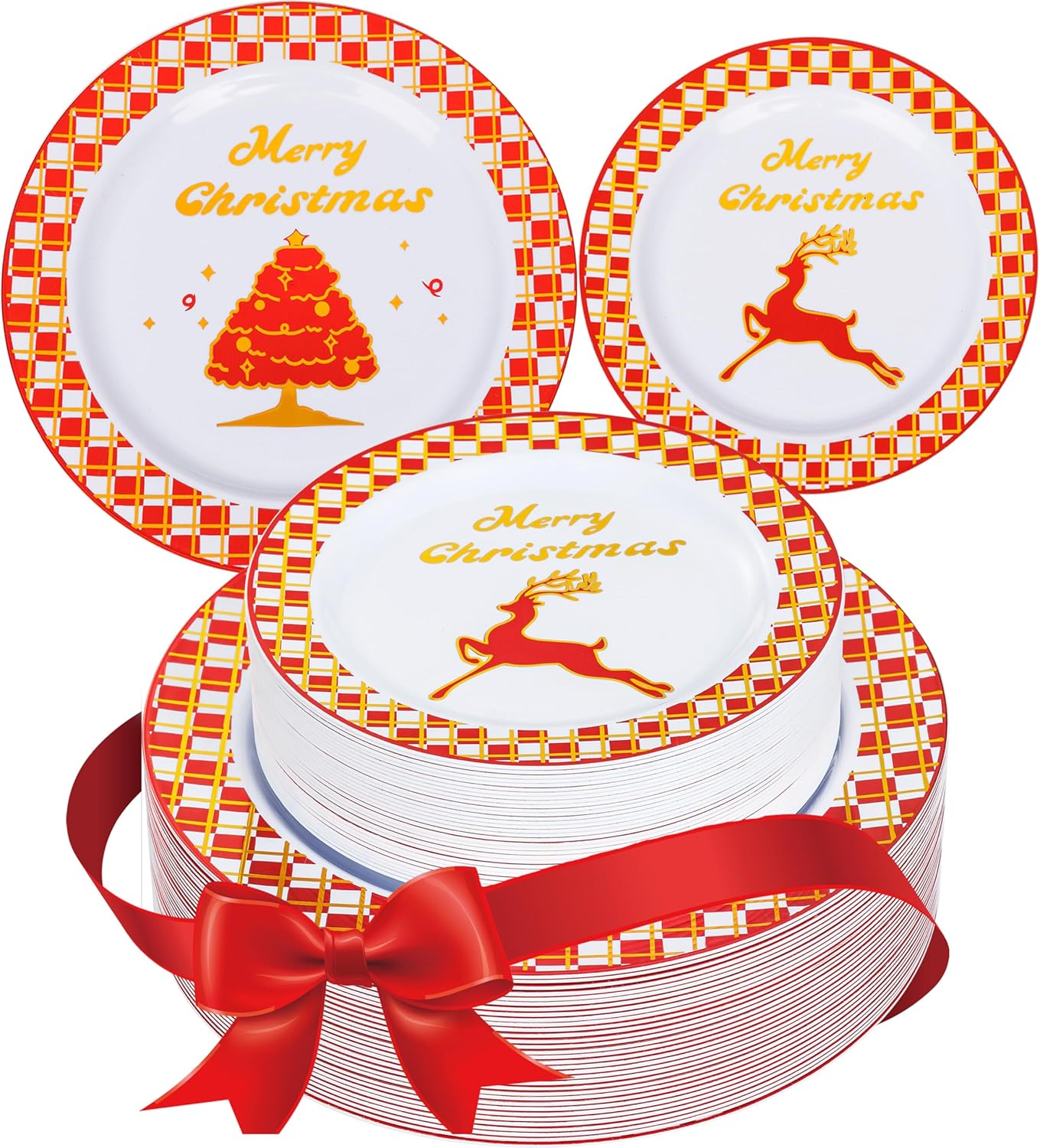 102 PCS Christmas Plastic Plates - Xmas Plate Disposable - Red and Gold Plaid Plates with Christmas Tree and Elk Including 51 Dinner Plates and 51 Dessert Plates for Xmas Party Classic-Christmas ELK
