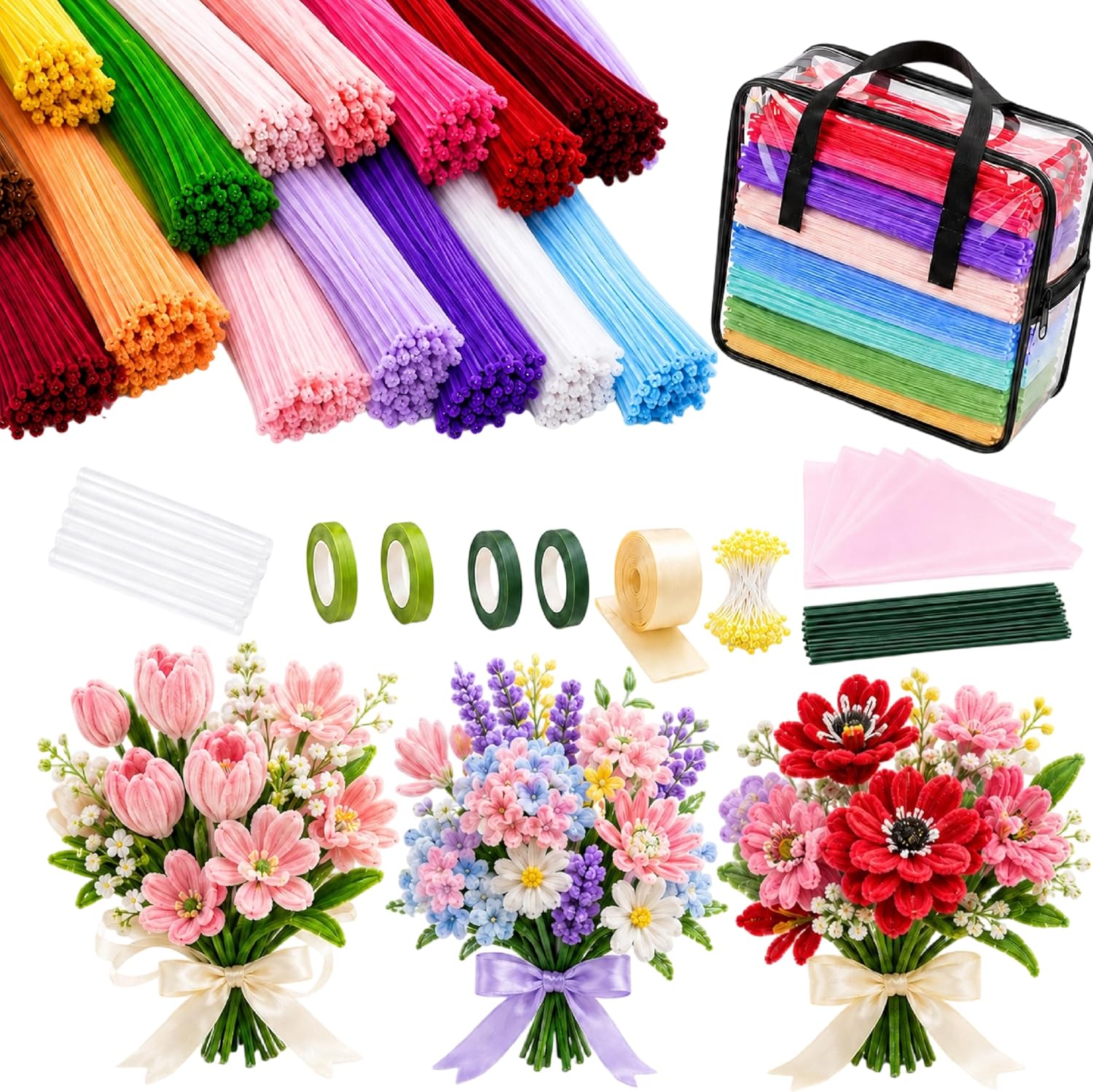 STHHD Pipe Cleaners Bulk, 1000 Pcs Flower Making Kit with Storage Bag