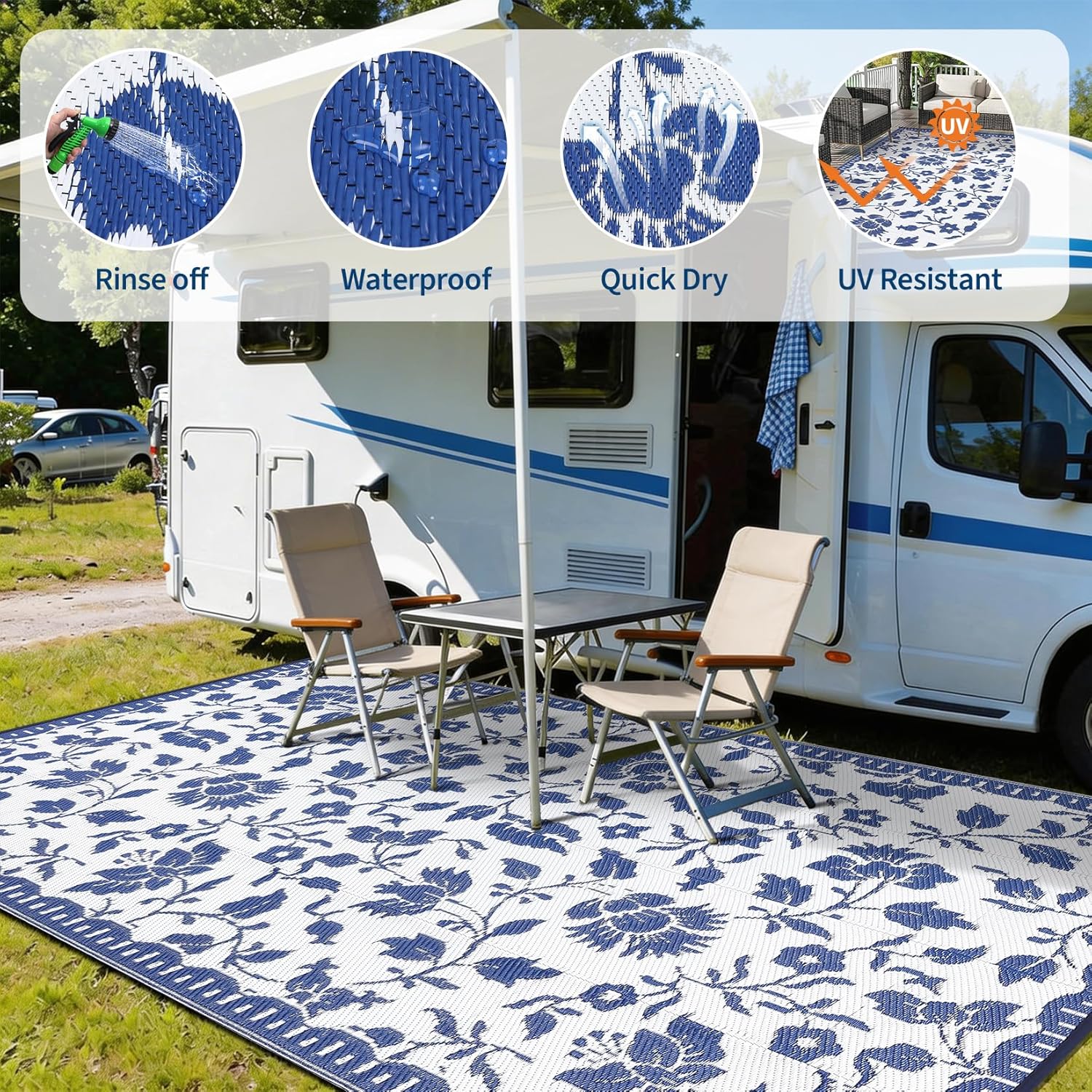 Garvee 5x8 Outdoor Rug Waterproof, Vintage Floral Plastic Straw Rugs, Camping Rugs for Outside Your RV, Foldable Lightweight Reversible Carpet with Portable Bag for Patio, Backyard, Beach, Navy＆White