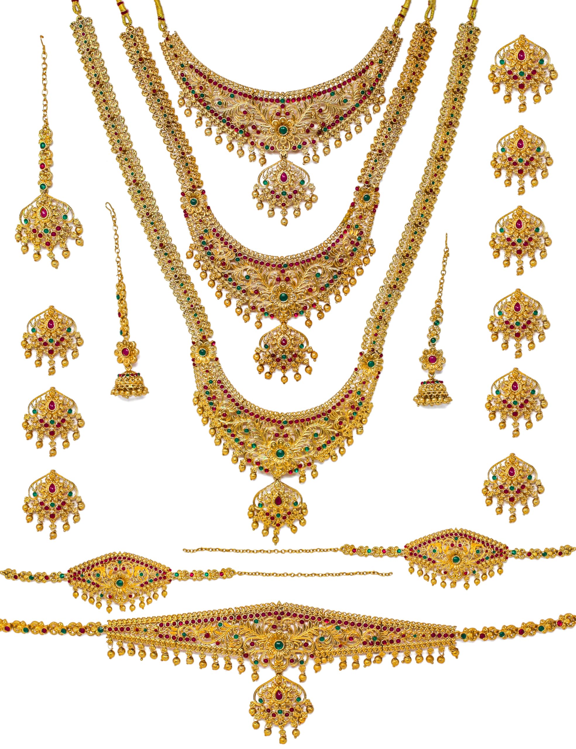 Nagneshi Art1 Choker Necklace Set, 1 Long Layered Rani Haar, 1 Pair of Matching Earrings, 1 Pair of Hathphool, 1 Piece Nath, 1 Matha Patti, 1 Maang Tika, 1 Pasa Set (Headgear).-image-5