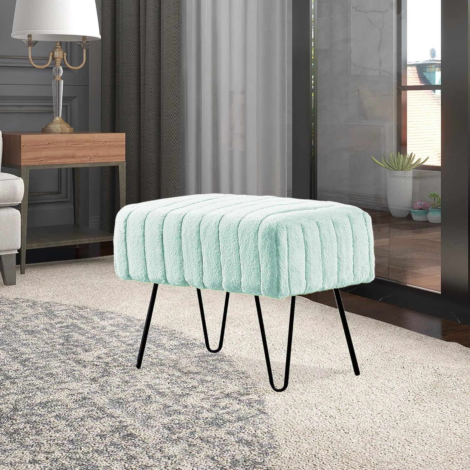 Home Soft Things Super Mink Faux Fur Blue Ottoman Bench 19" x 13" x 17" H, Bleached Aqua, Living Room Foot Rest Stool Entryway Makeup Bench End of Bed Bedroom Home Decor Chair